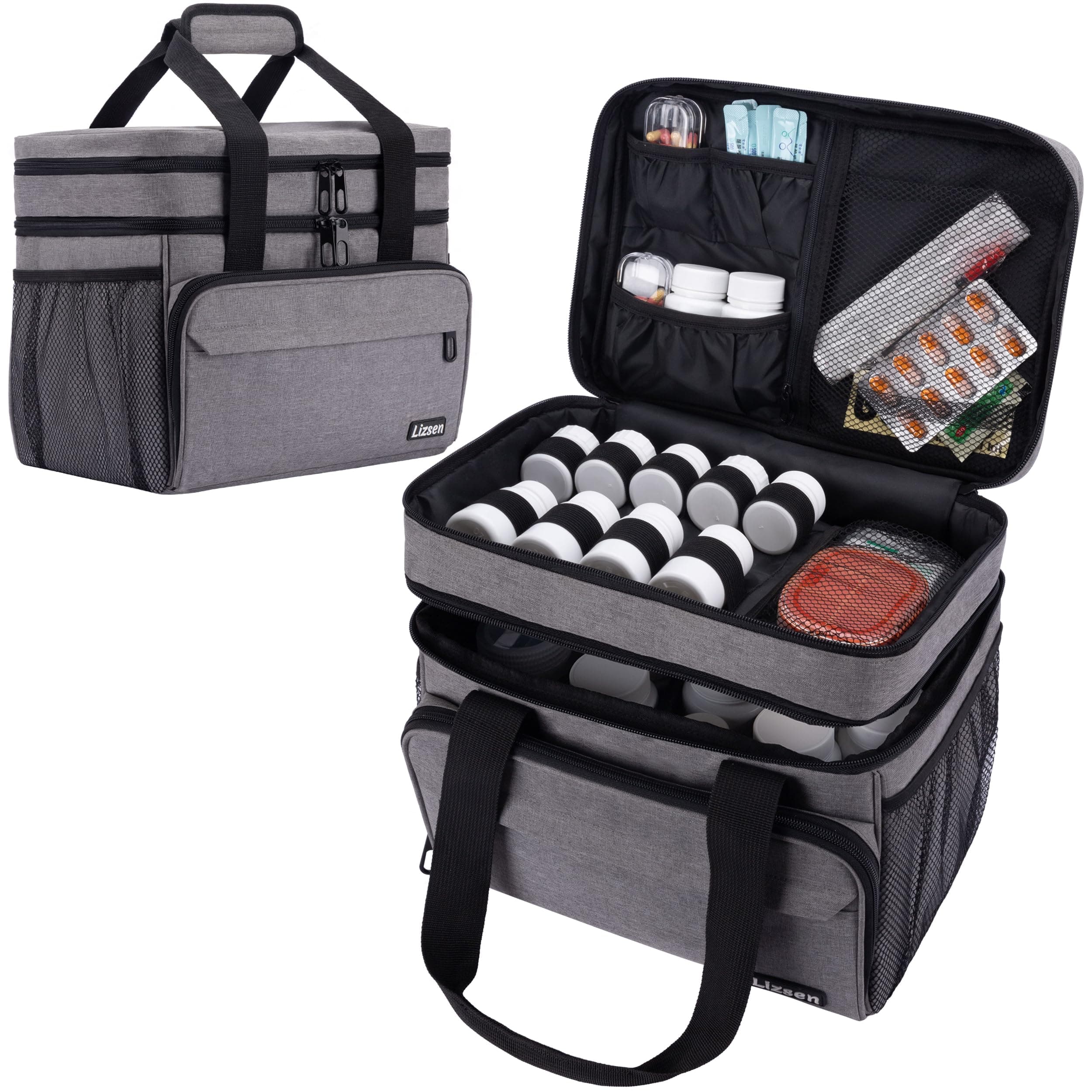 - Large Medicine Storage Bag, Double Layer Pill Bottle Organizer Storage Bag with Lockable Zipper, Medication Travel Bag Carrying Case for Men Women