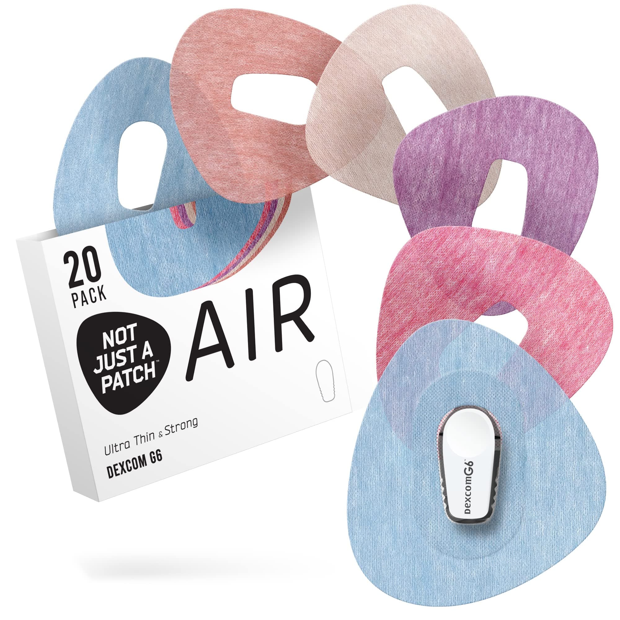 Not Just A Patch Air (20 Pack) - CGM Dexcom G6 Adhesive Patches with Hole -Thin, Strong and Light, 14 Day Adhesion, Durable Dexcom Patches G6 Sensor Protectors in Multicolor