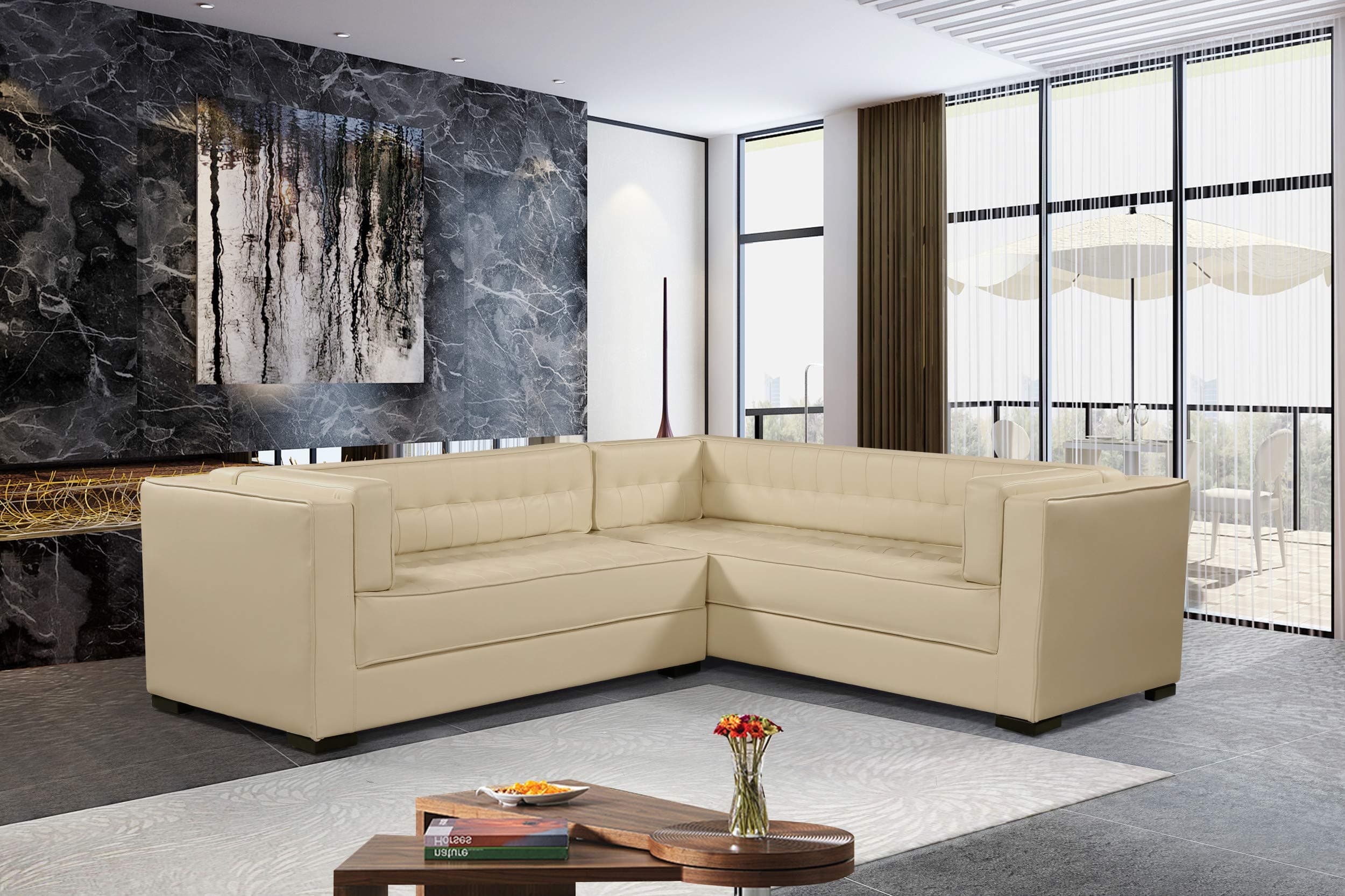 Iconic Home Lorenzo Right Facing Sectional Sofa L Shape PU Leather Upholstered Tufted Shelter Arm Design Espresso Finished Wood Legs Modern Transitional, Cream