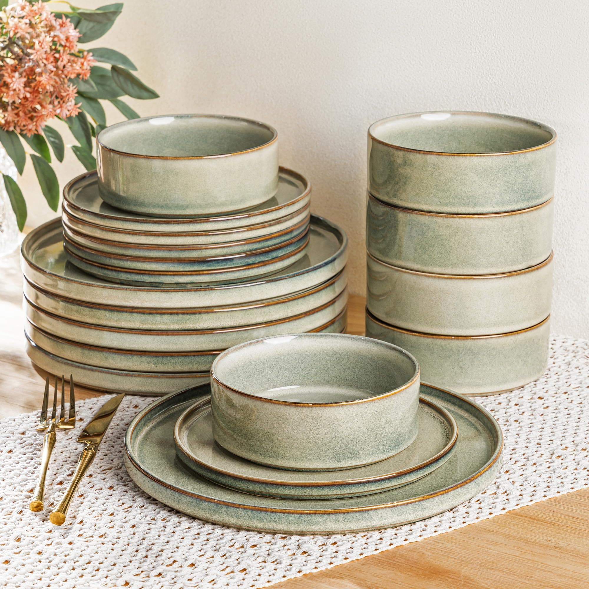 Ceramic Dinnerware Sets, Handmade Reactive Glaze Stoneware Plates and Bowls Sets,Highly Chip and Crack Resistant | Dishwasher & Microwave Safe Dishes Set, Service for 6 (18pc)