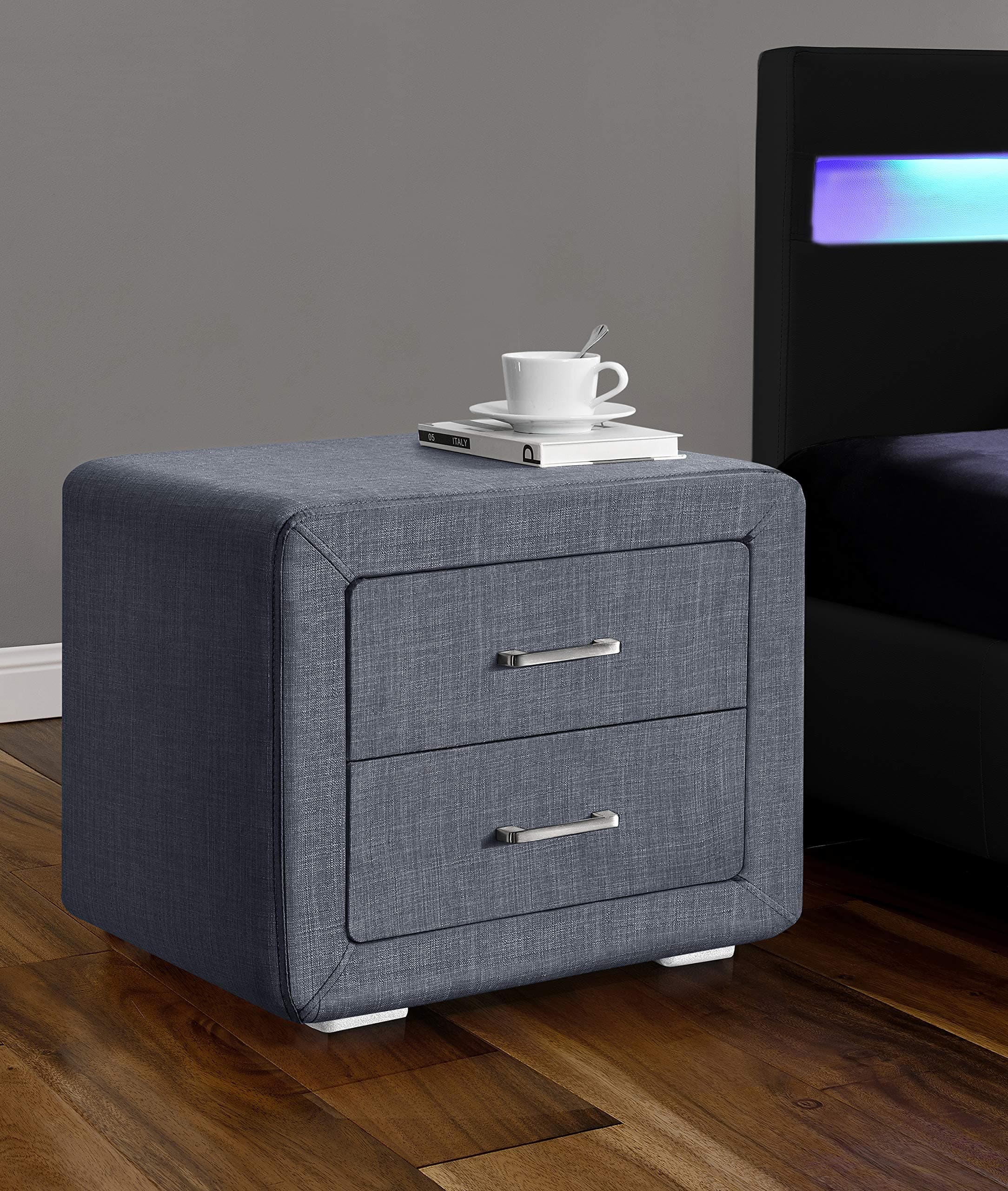 Kamco Direct Dark Grey Linen Fabric Bedside Table with 2 Drawers With Brushed Steel Handles Nightstand