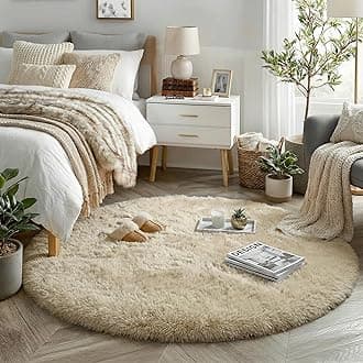 Beige Round Rug for Bedroom,Fluffy Circle Rug 4'X4' for Kids Room,Furry Carpet for Teen's Room,Shaggy Circular Rug for Nursery Room,Fuzzy Plush Rug for Dorm,Beige Carpet,Cute Room Decor for Baby