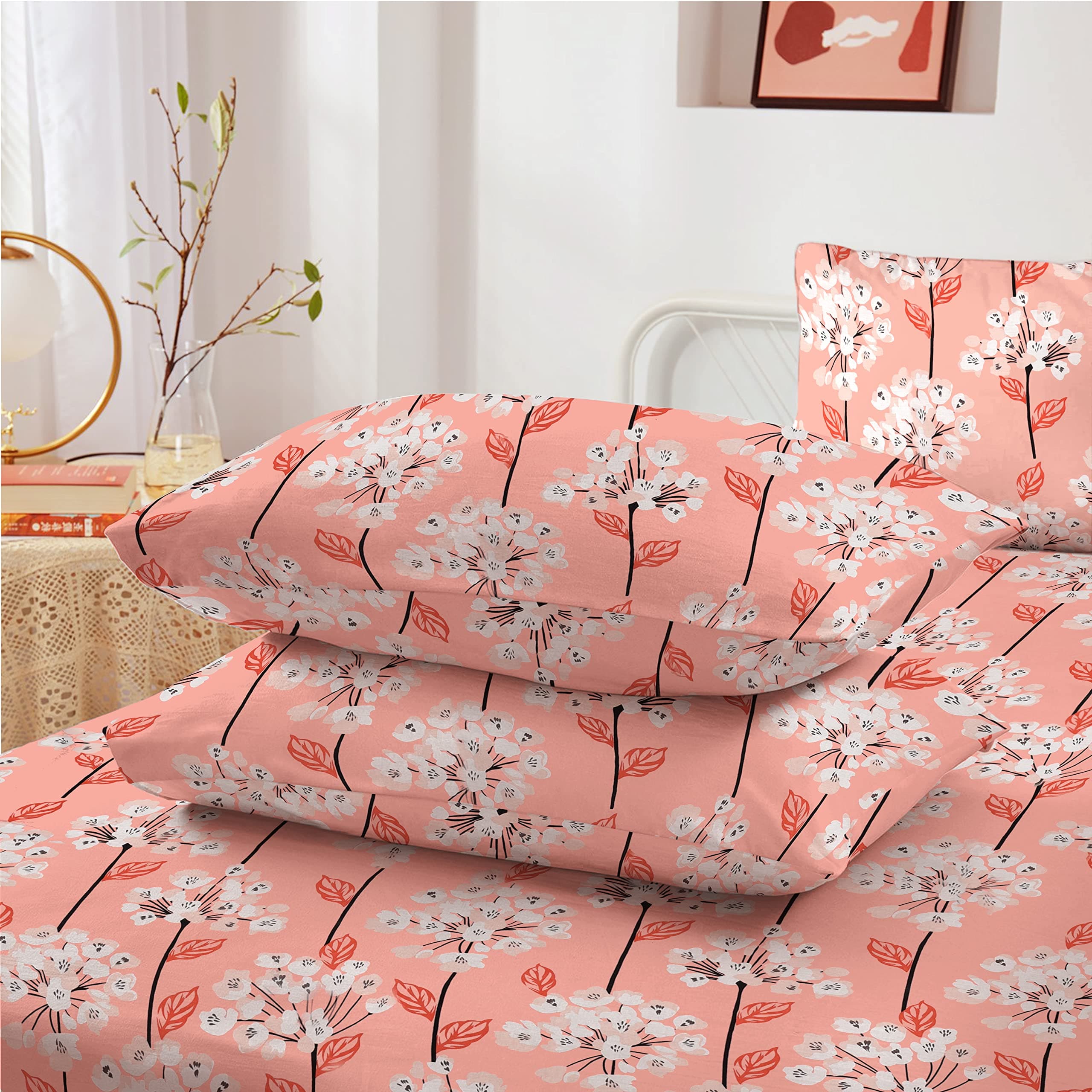 2 Pack Pillowcases, 100% Egyptian Cotton, 400 Thread Count, Floral Printed Pillow Covers, Soft & Breathable Bedding