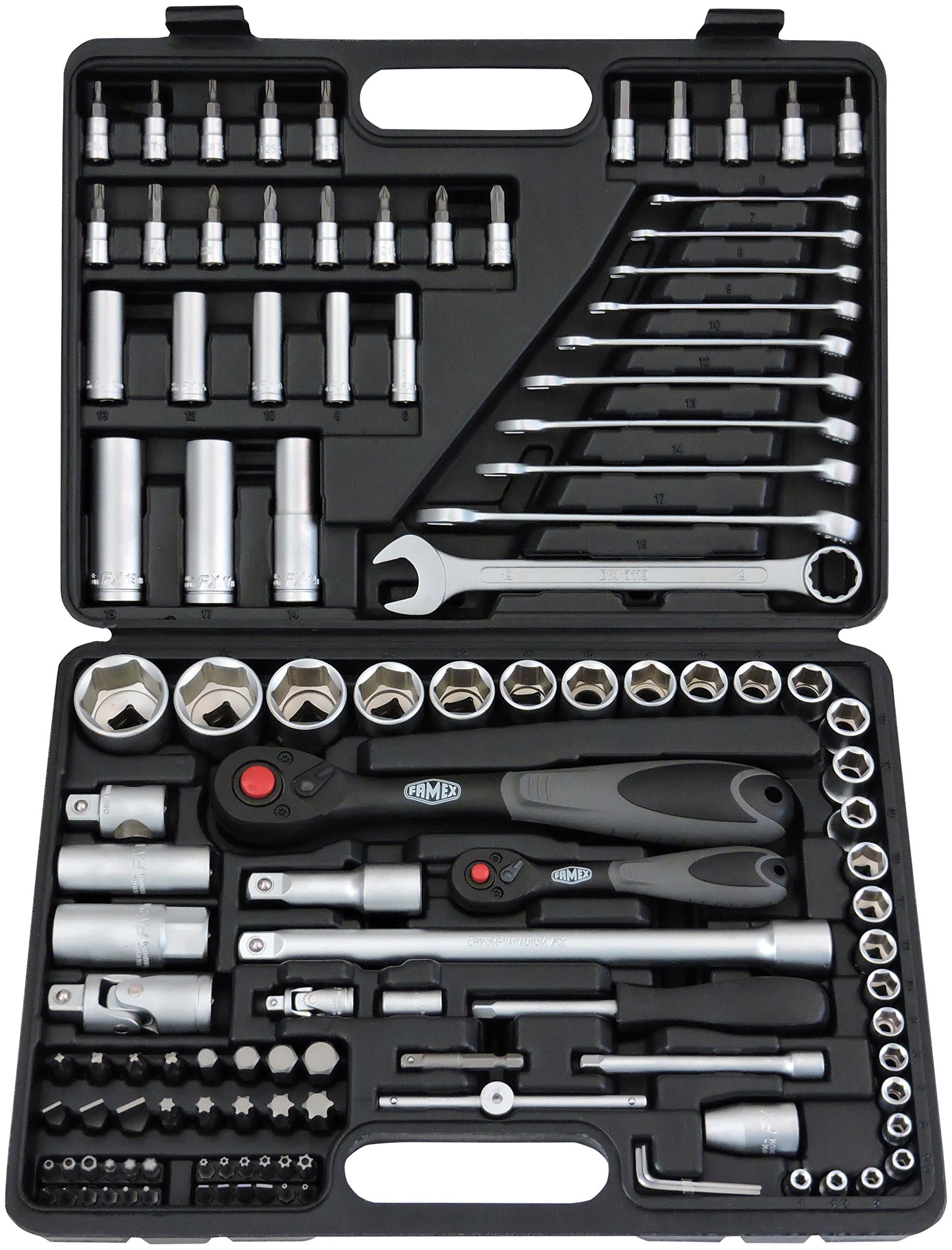 Famex 568-FX-46 Socket Spanner Set with 72-Tooth Ratchet, 12.5 mm 1/2 Inch and 6.3 mm 1/4 Inch) Drive from 4 to 32 mm / 120 Pieces
