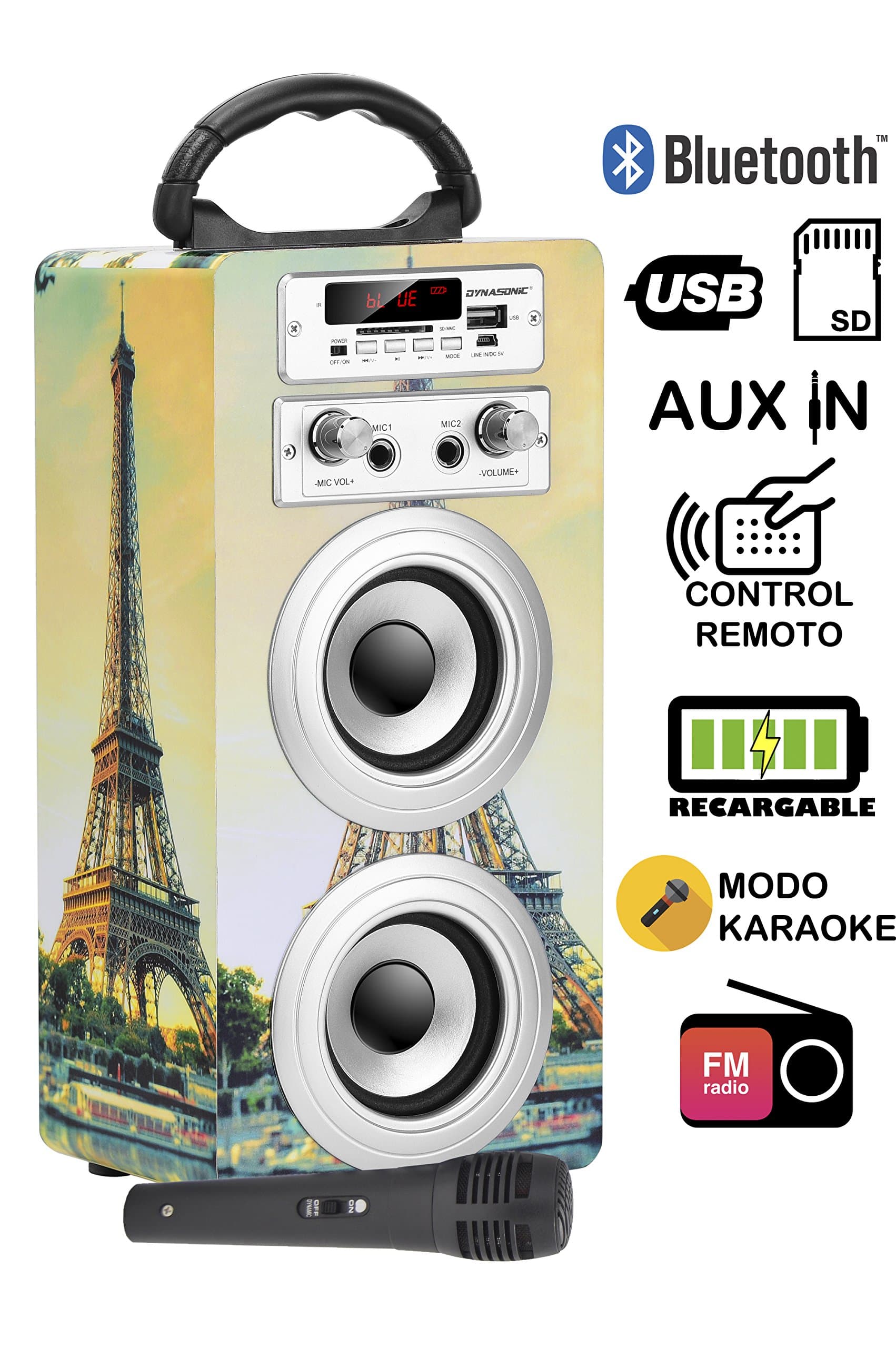 DYNASONIC 025-11 Portable Bluetooth Speaker with Karaoke Mode, FM Radio and USB SD Reader - Yellow