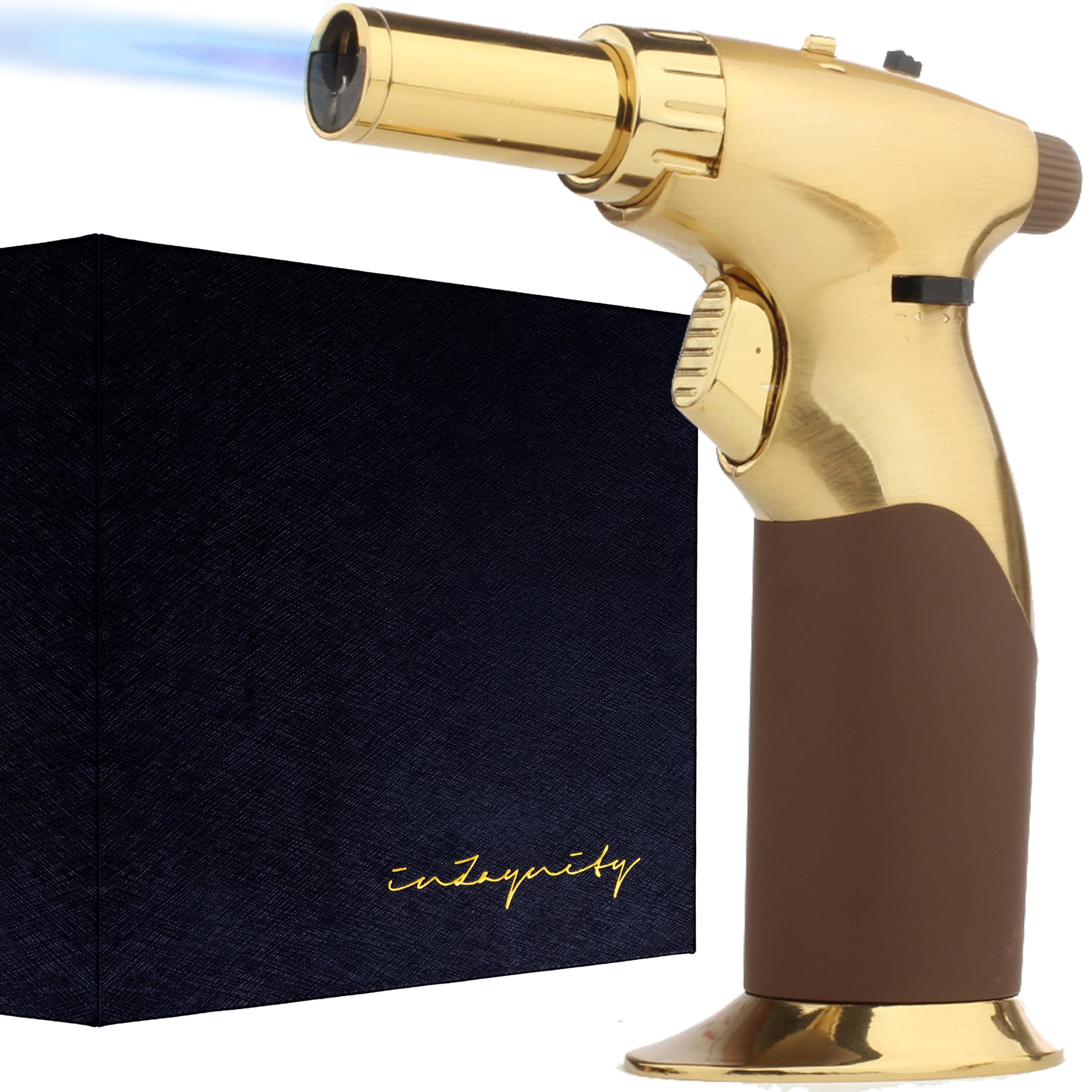 - Dual Flame Butane Torch Gun - Refillable Luxury Hand Held Mini Blow Torch for Cooking, Creme Brulee, Soldering, Welding, & Resin Art - Adjustable Flame with Ignition Lock - Gold Brown by inZaynity