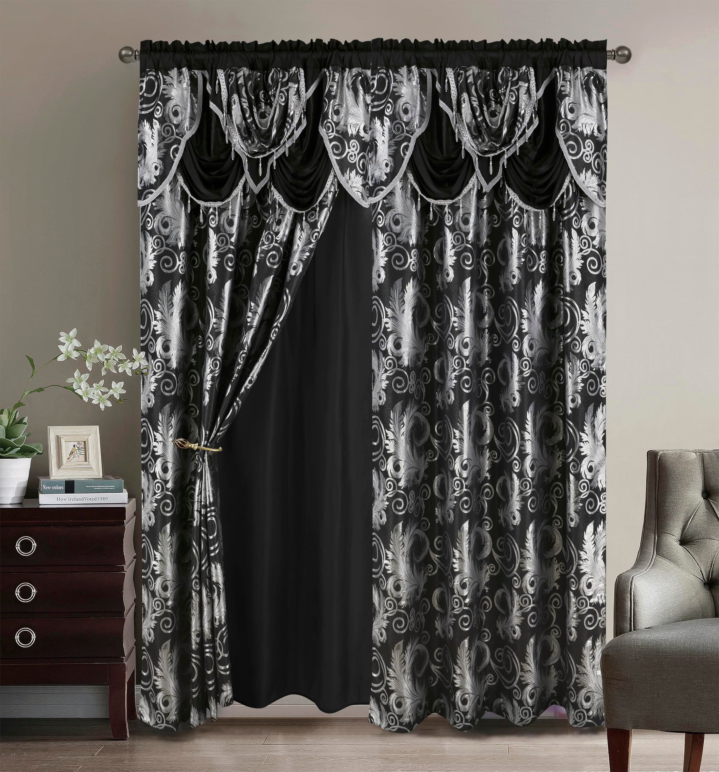 GLORY RUGSJacquard Luxury Window Panel Set Black Curtain with Attached Valance and Backing Bedroom Living Room Dining 110X84 inches Each Jana