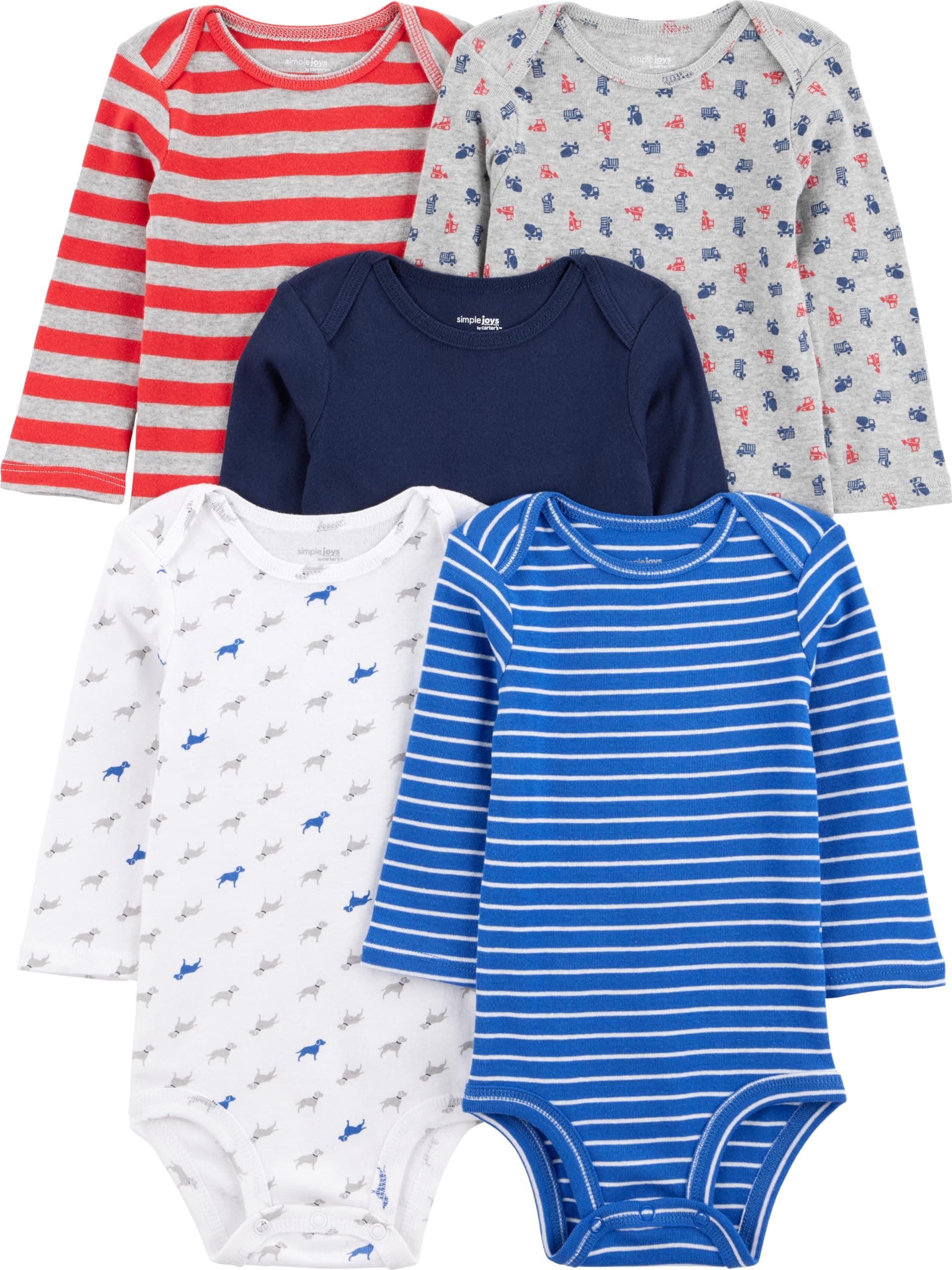 Simple Joys by Carter's Baby Boy 5-Pack Long-Sleeve Bodysuit, Blue/Red/Grey, 6-9 Months