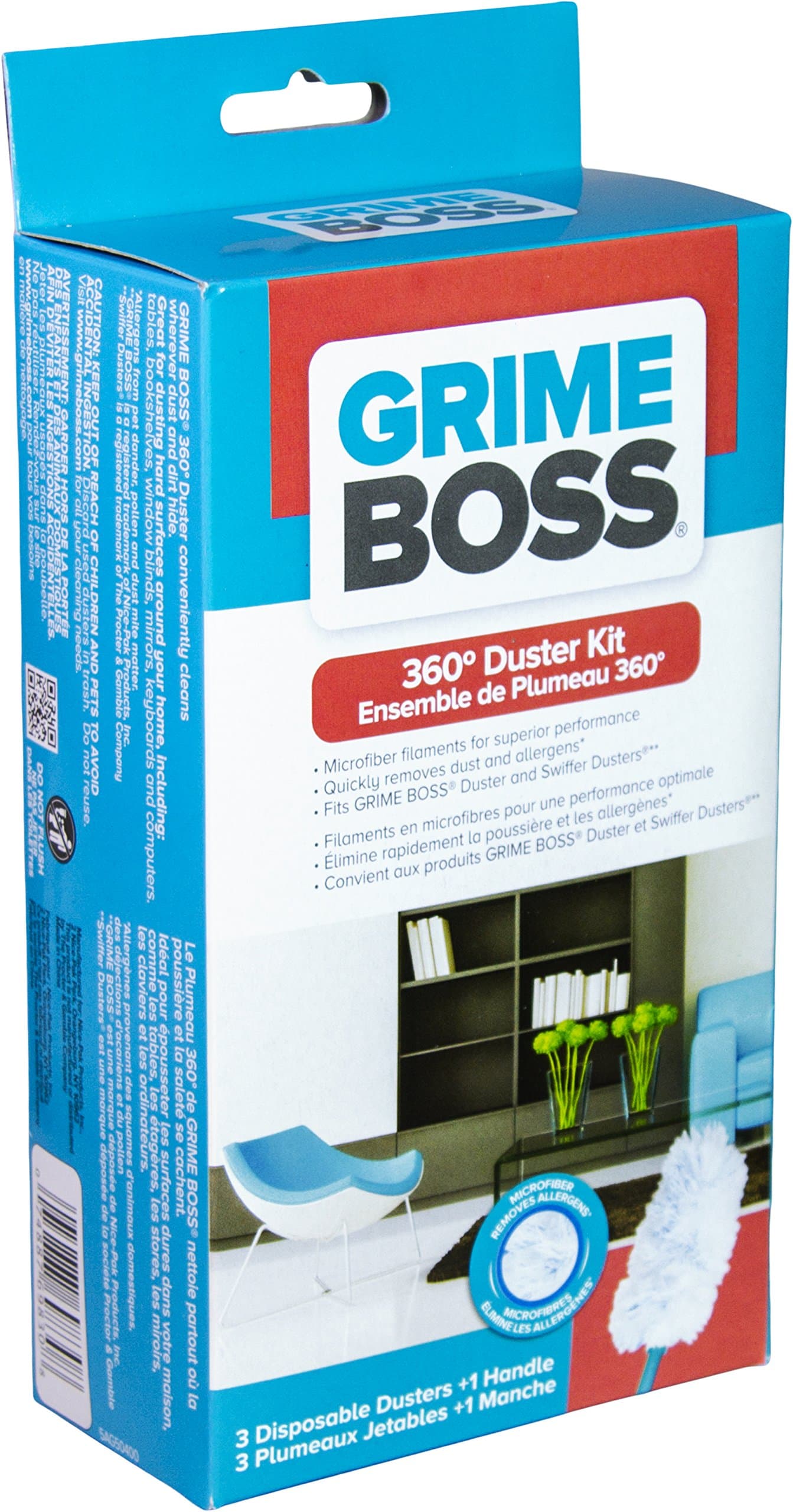 Grime Boss 360 Microfiber Duster Kit | Includes 1 Handle & 3 Duster Refills | Great for Cleaning & Dusting in Home & Office, 3.52 Ounce