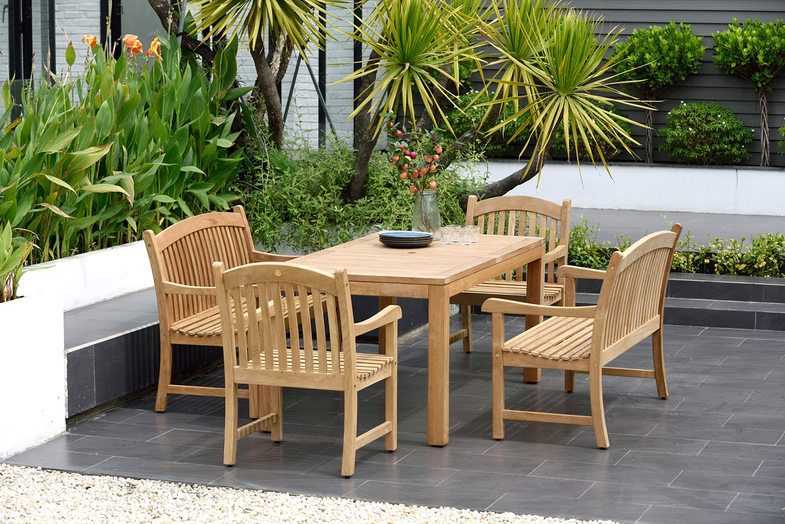 Amazonia Geneve 5-Piece Patio Rectangular Dining Table Set | Certified Teak | Ideal for Outdoors and Indoors