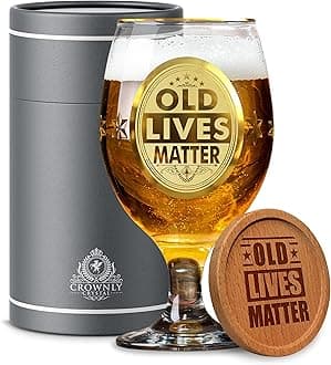 CROWNLY CRYSTAL® Old Lives Matter Retirement Gifts for Men and Women Beer Glass Birthday Uncle Grandpa Dads Older Women 60th Grandma