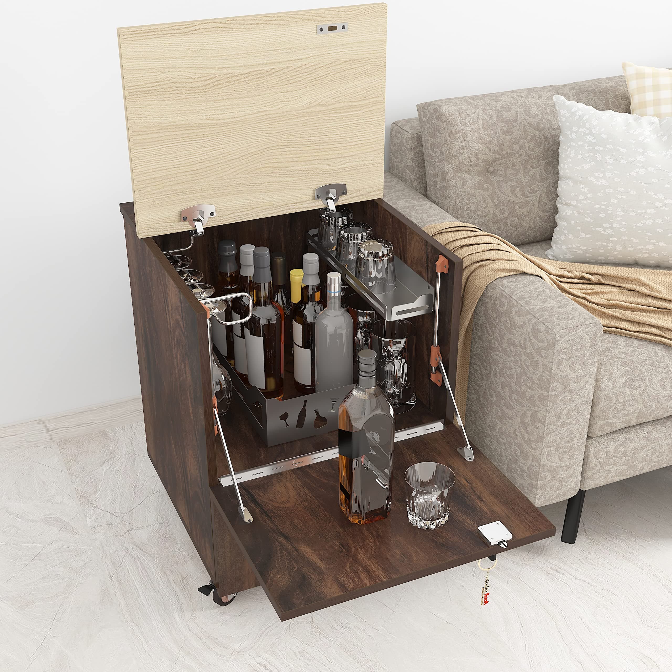 Curio Mini Bar on Wheels | Engineered Wood Bar Cabinet, Delivered Preassembled (Junglewood, Matte Finish)