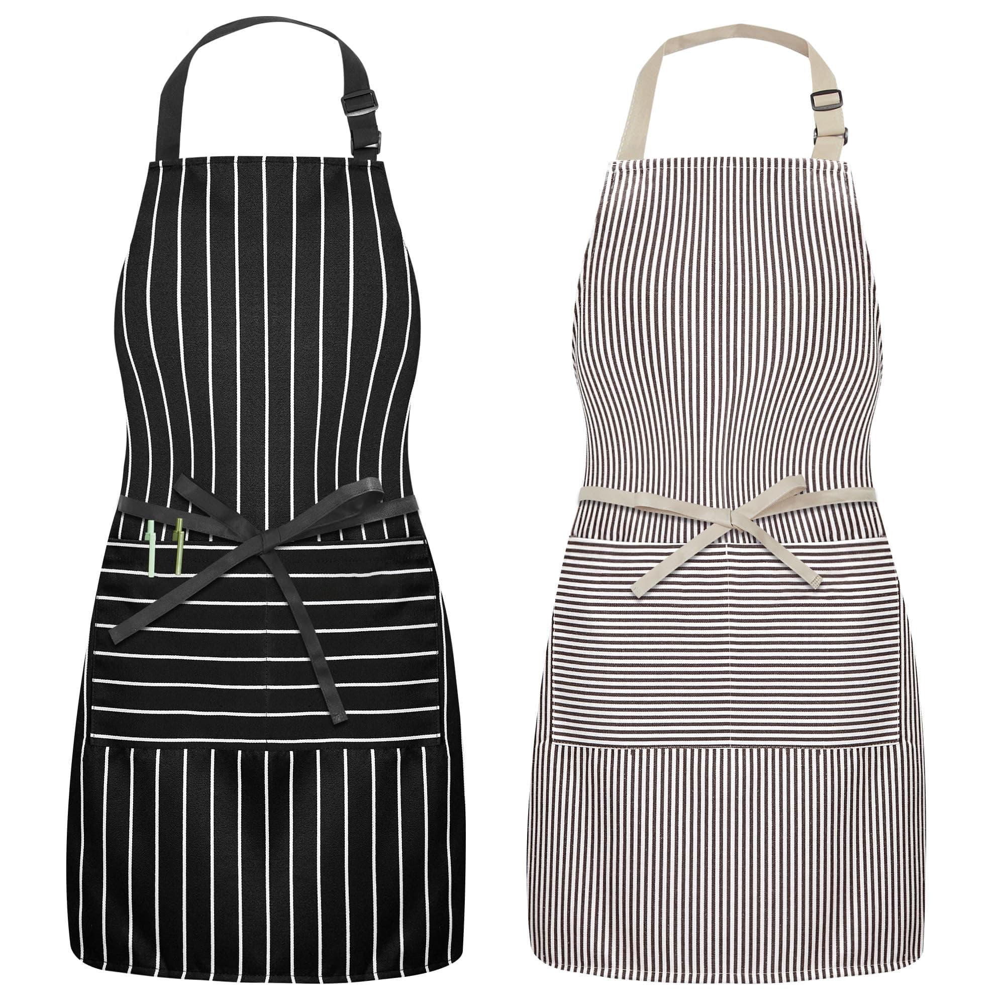 Syntus 2 Pack Adjustable Bib Apron with 3 Pockets Cooking Kitchen Aprons for Women Men Chef, Pinstripe
