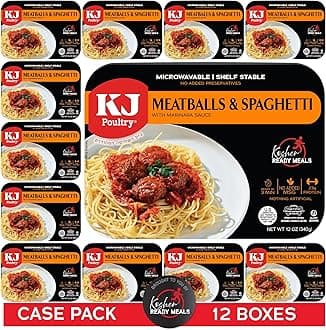 KJ Poultry Kosher Ready Meals - Spaghetti & Meatballs, MRE Meals Ready to Eat (12 Pack) Prepared Entree Fully Cooked, Shelf Stable Microwave Dinner Travel, Military, Camping, Emergency Survival