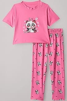 T2F Girls Cotton Printed Oversized Fit Crop Top and Pant Pajama Set