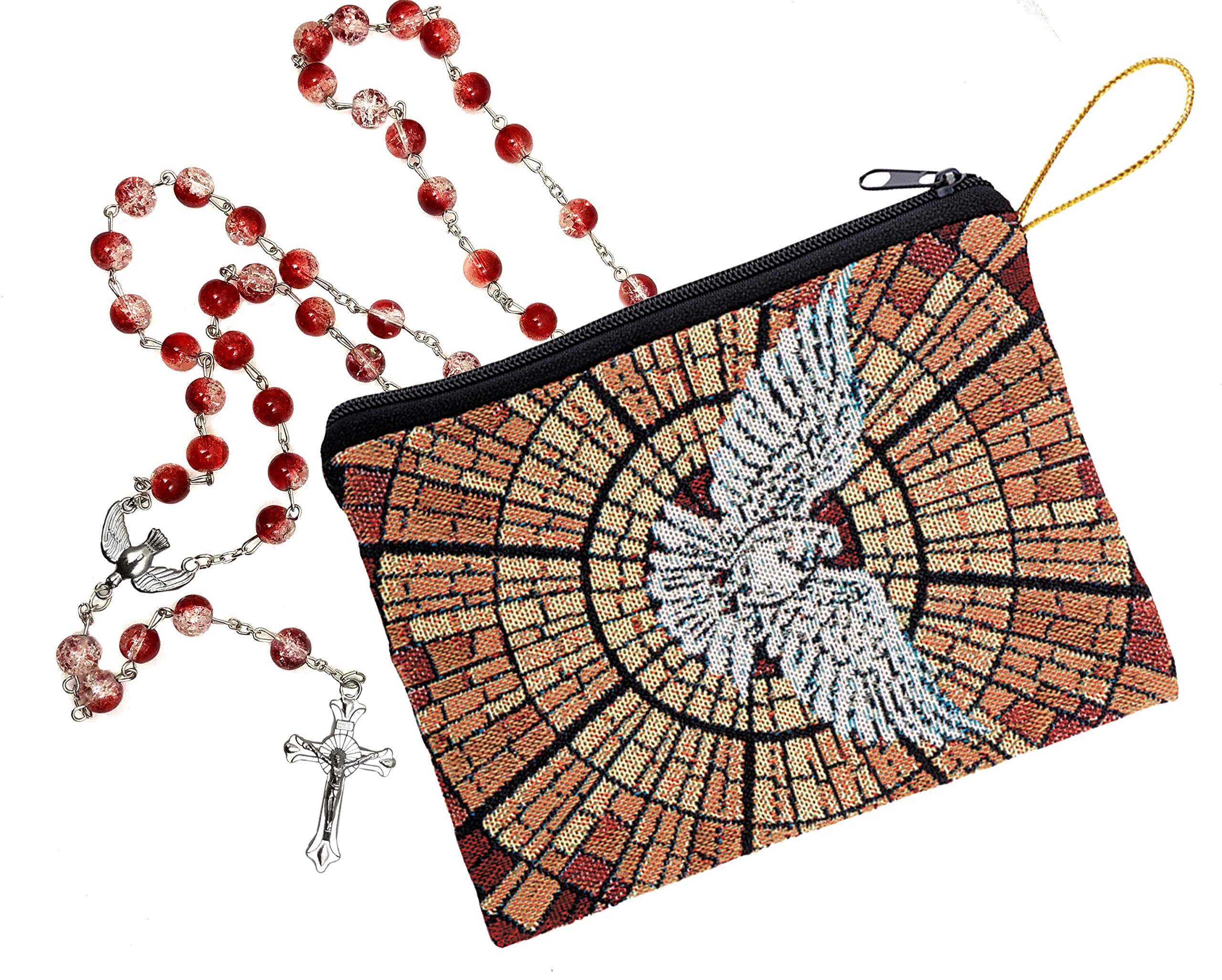 Confirmation Rosary Gift Set. Includes 8mm Red and White Crackled Glass Bead Rosary with Silver Metal Descending Dove Center and Crucifix in Holy Spirit Tapestry Rosary Bag