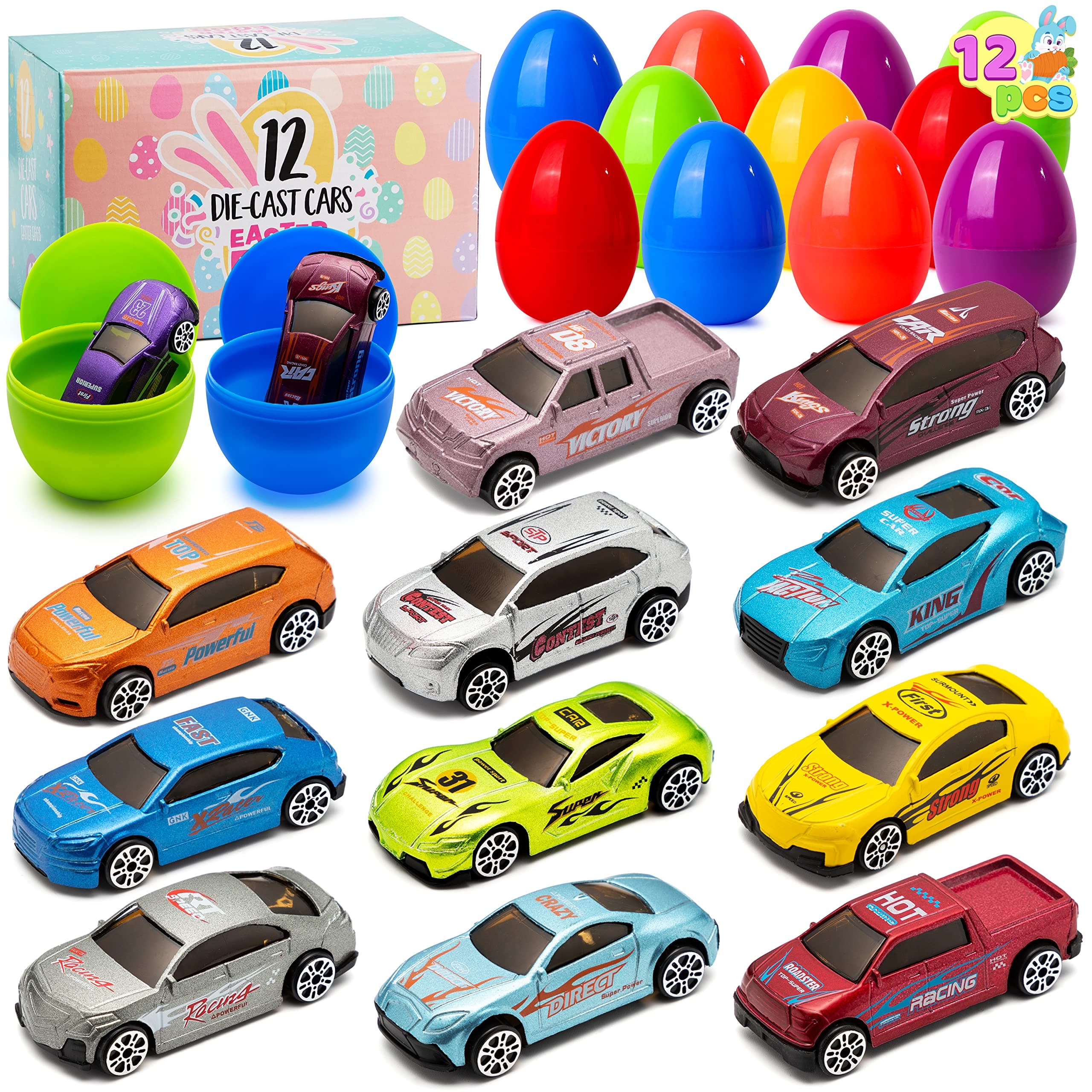 12 Die-Cast Car Filled Big Easter Eggs, 3.2" Bright Colorful Prefilled Plastic Easter Eggs with Different Die-cast Cars