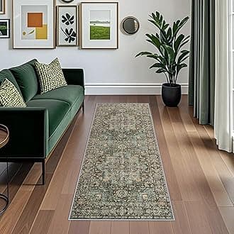 Green Washable Runners for Hallways: 2x6 Kitchen Runner Rugs with Rubber Backing Non Slip Vintage Boho Long Carpet for Living Room Bedroom Bathroom Entryway (Green, 2X6)