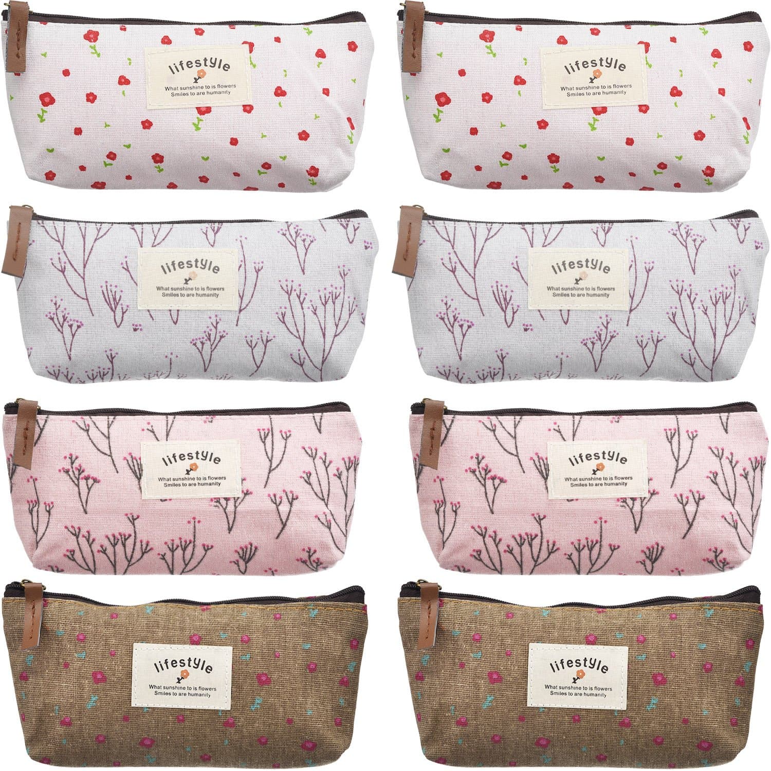 TecUnite 8 Pcs Small Makeup Bag Bulk for Purse Canvas Pencil Pouch Floral Pencil Bags Cosmetic Zipper Pouch for Christmas Office Students Girls Women Coworkers
