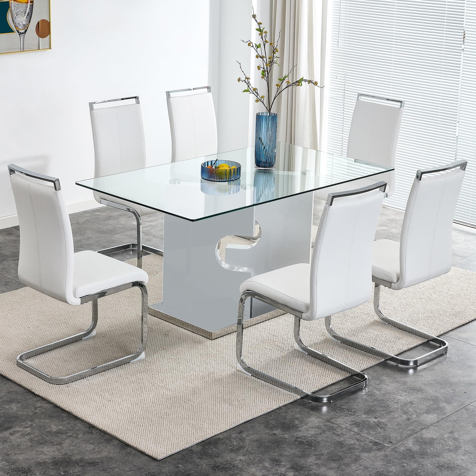 Glass Dining Table Set for 6, 63" White Dinner Room Table Set for 6, Modern Kitchen Table with 6 Upholstered PU Leather Dining Chairs for Dining Room