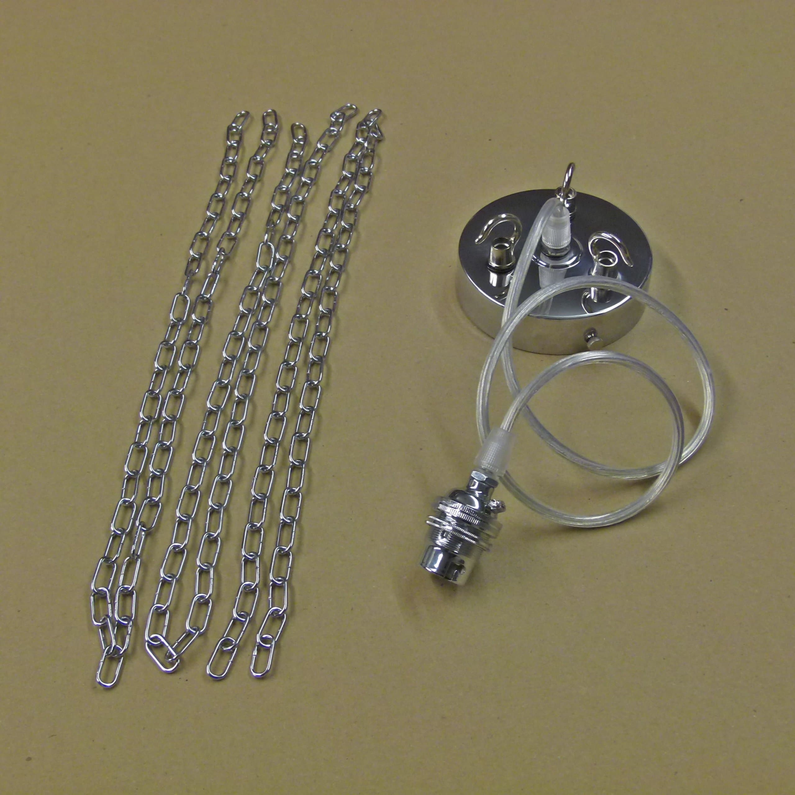 005Chain Triple or Quad Hooks, 3 or 4 Hooks Ceiling Rose Cap Canopy, 1mt Cable with Lamp holder and shade ring. (005Chain Chrome Triple Hooks)