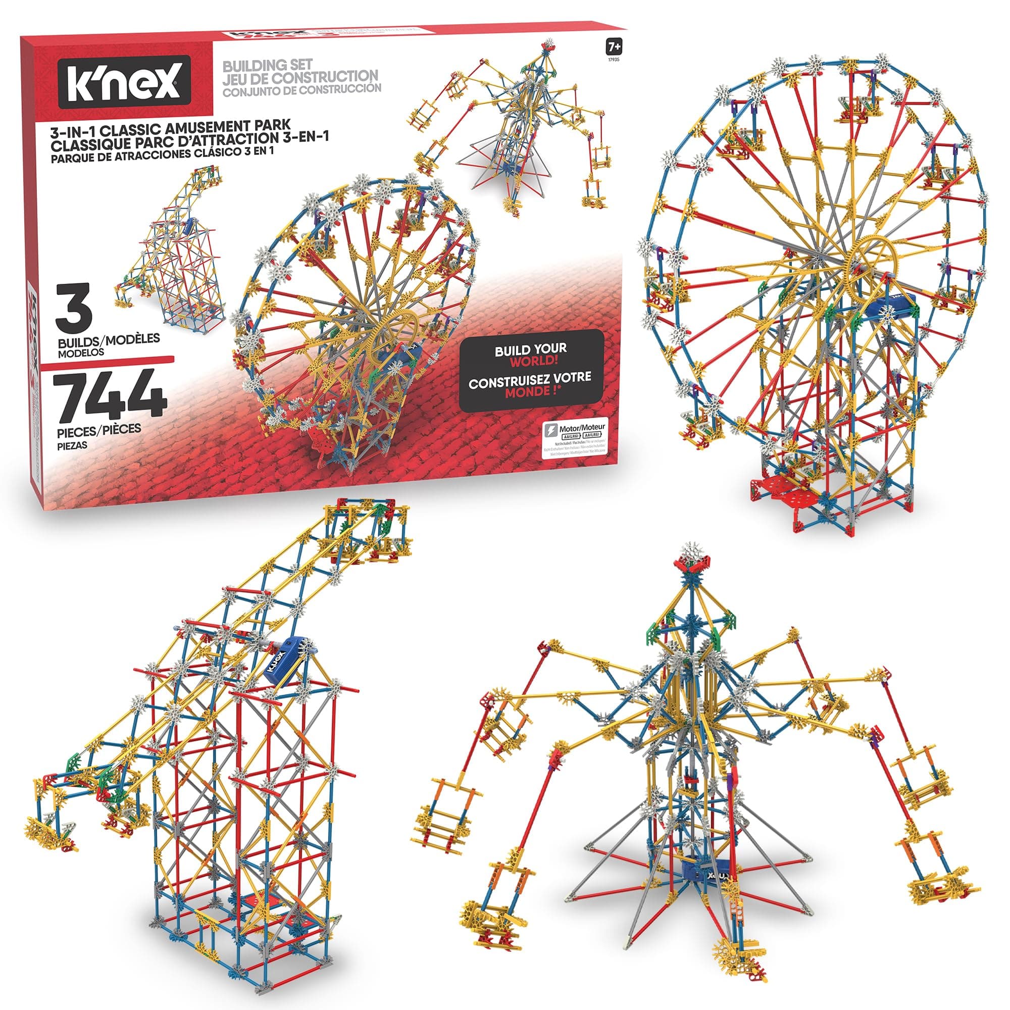 Basic Fun K'NEX , Thrill Rides 3-in-1 Classic Amusement Park Building Set , 744 Piece for Creative Play, Three Fair Ground Rides, Suitable for Boys and Girls Ages 9+, (Packaging may vary)