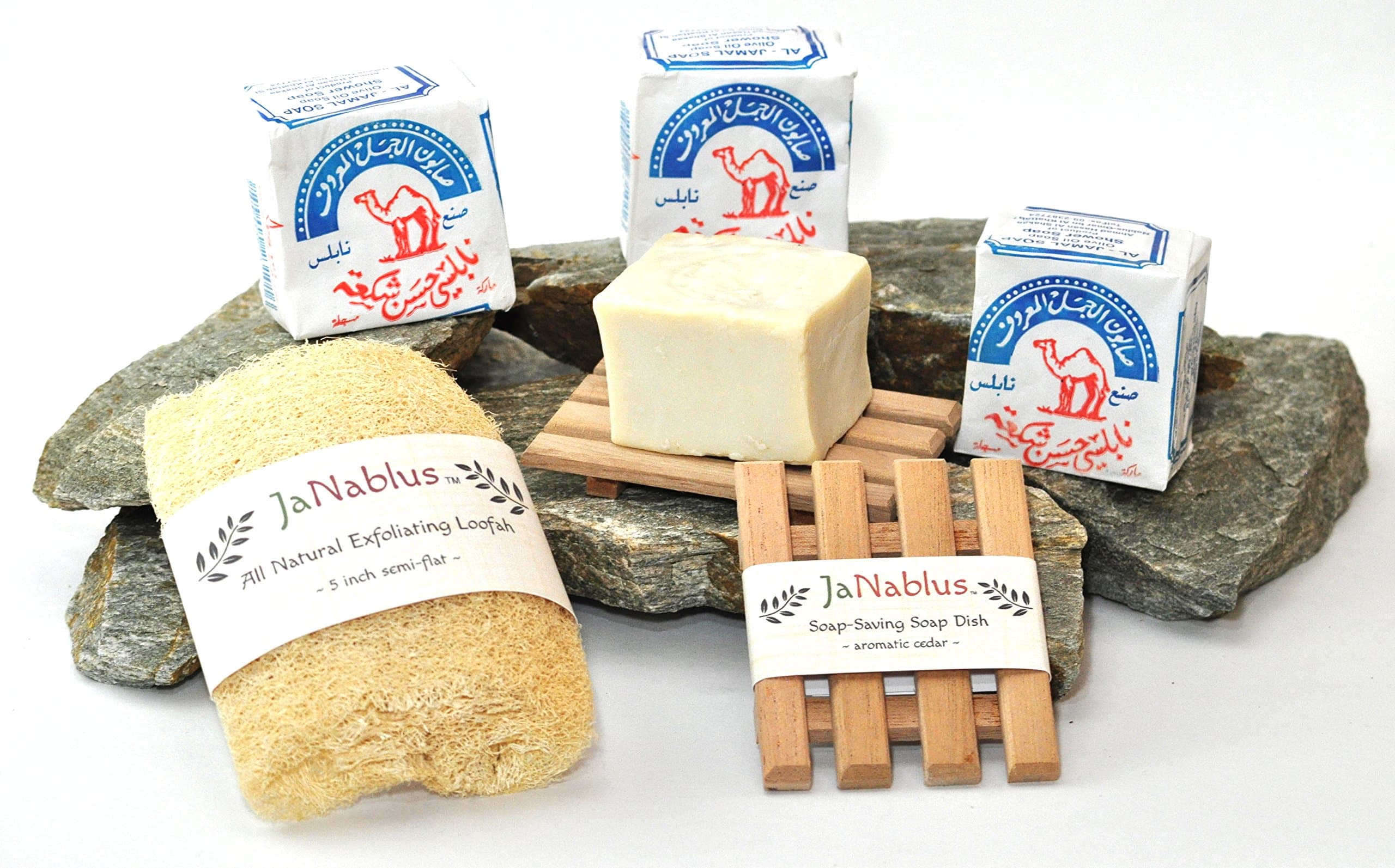 Olive Oil Nablus Soap Bundle: 4 Al Jamal Soap Bars,1 Natural Loofah, 2 Cedar Soap Dishes