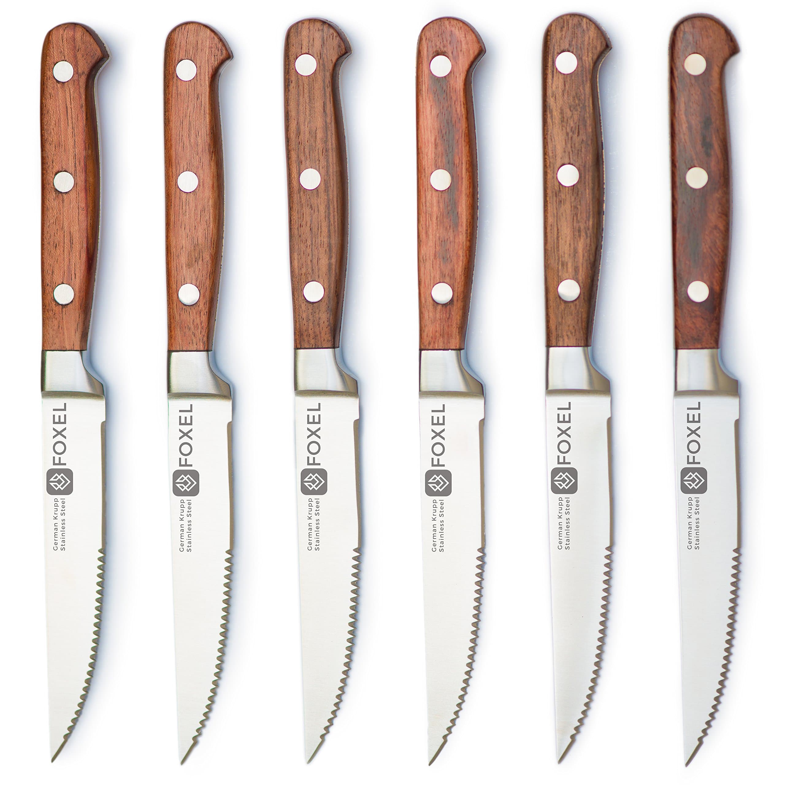 FOXEL Premium Rustic Rosewood Handle Steak Knife Set Gift Box, Sharp Rust-Proof German Stainless Steel Serrated Blade, Perfect Gourmet Cutlery Gift