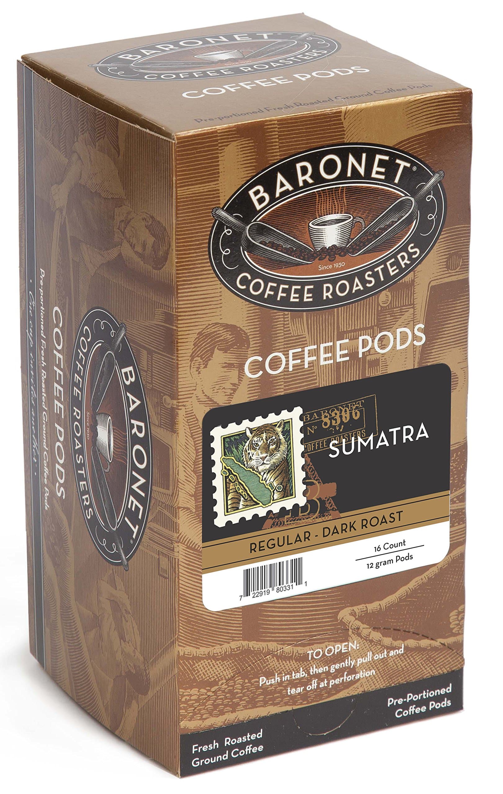 Sumatra Coffee Pods Bag - Regular - Dark Roast - 3 Boxes of 16 Single Serve Coffee Pods - 48 Count, 12 Grams - Individually Wrapped for Freshness - Rich, Traditional Flavor