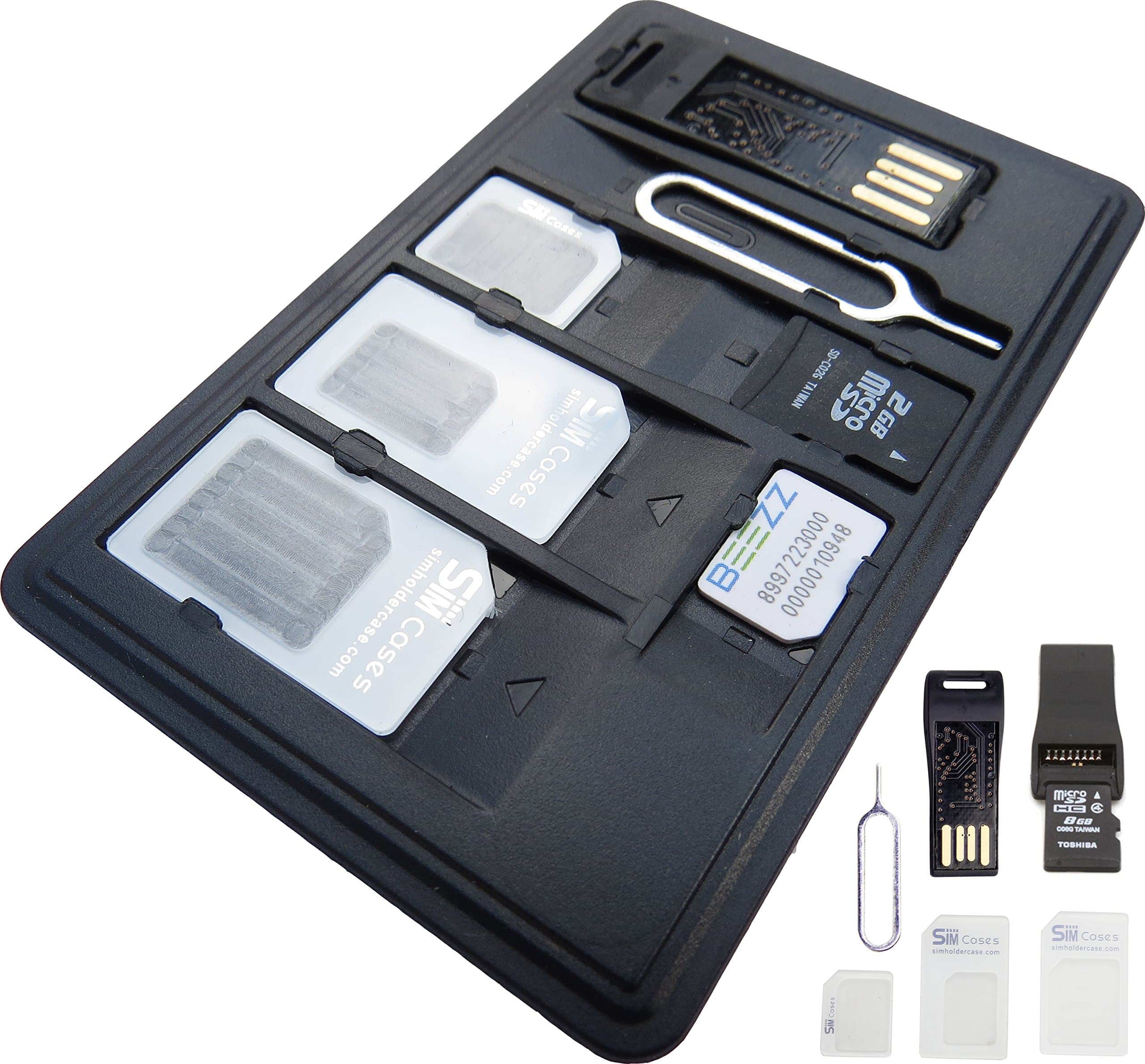 SIM Card & MicroSD Card Holder Slim Storage Case + 1 USB MicroSD Memory Card Reader 3 SIM Card Adapters 1 Iphone Smartphone Pin Needle, Holds 4 SIM Cards 1 Micro 1 Nano & 1 MicroSD TF Card