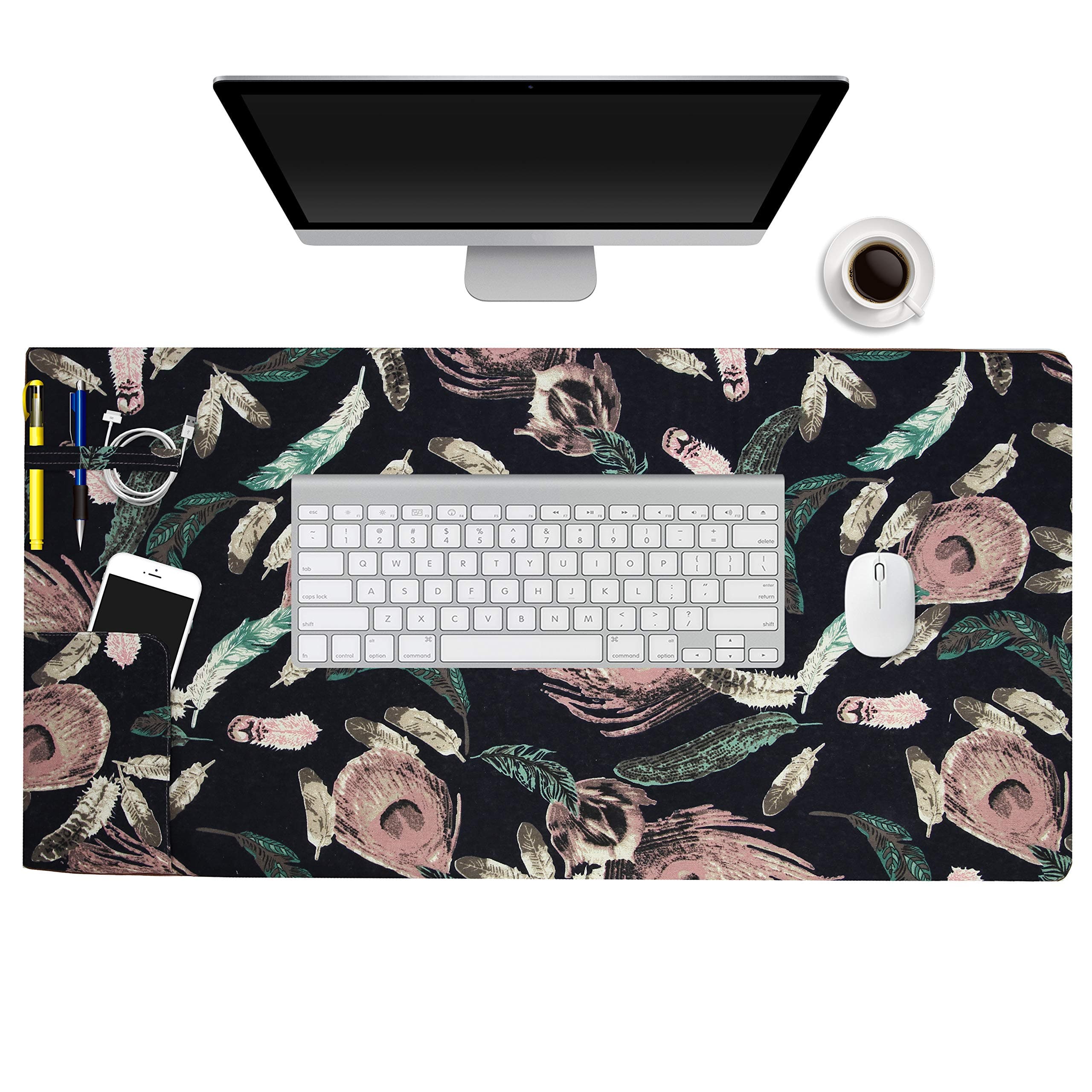 Large Extended Desk Pads Protector Office Mouse Pad XXL, 31.5" x 15.7" Non-Slip Rubber Base Desk Organizer (Feather)