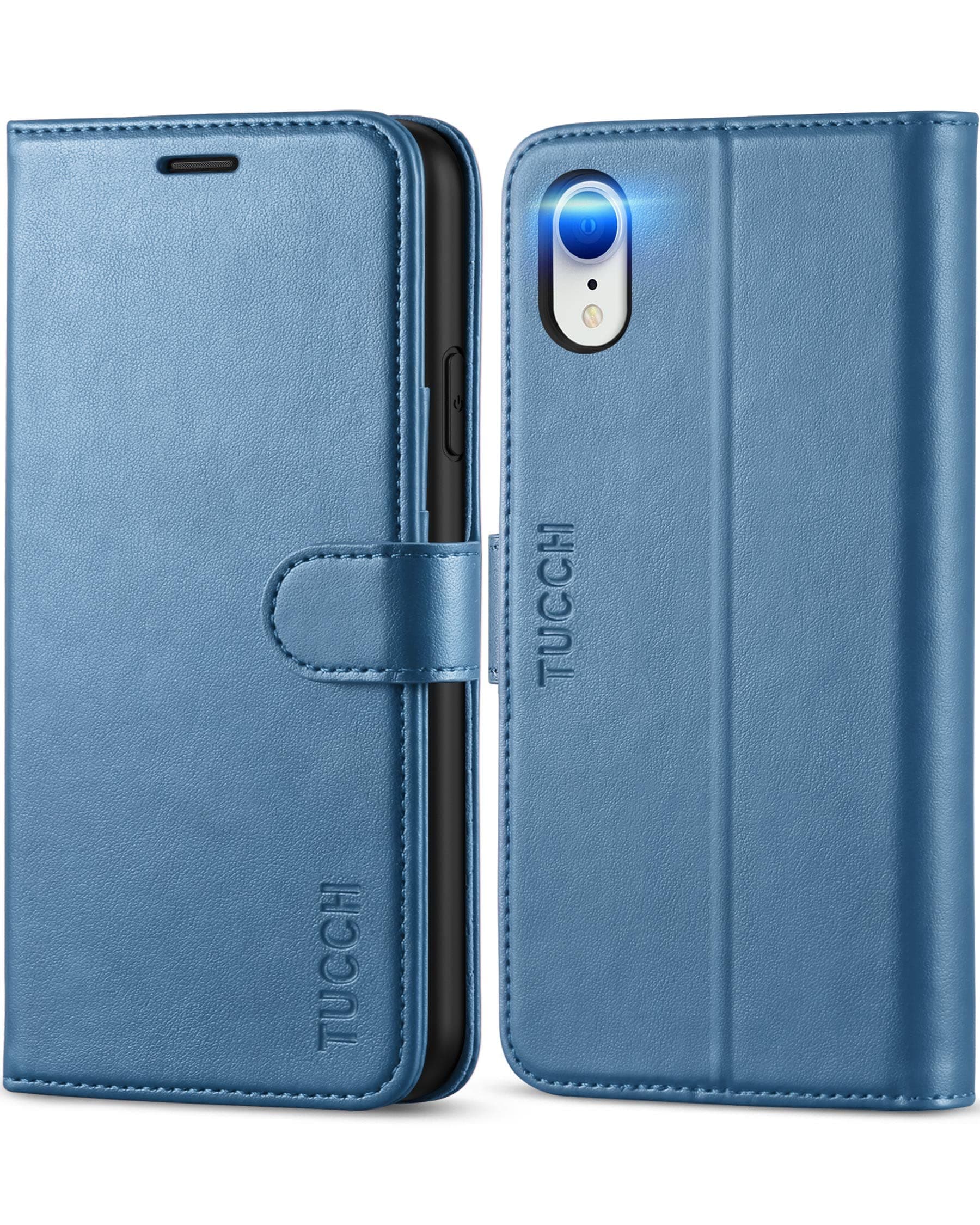 – TUCCH Wallet Case for iPhone XR (6.1"), Protective PU Leather Folding Cover with[RFID Blocking][Shockproof TPU][Kickstand][Card Holders] Magnetic Flip Folio Compatible with iPhone XR, Lake Blue
