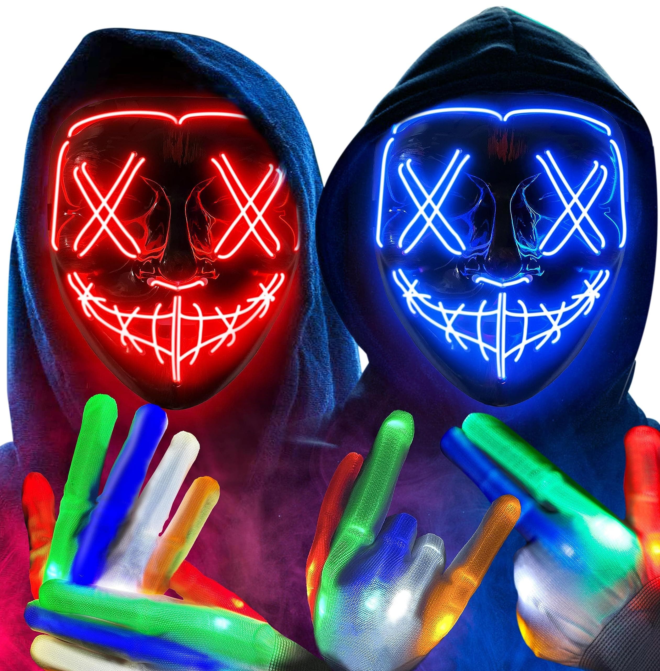 Colplay Halloween Mask LED & Gloves in Multiple Light Modes, The Purge Costume, up Scary Gloves, Costumes for Men Adults Kids Boys,Anonymous Neon Gifts, Blue & Red (2 Set)