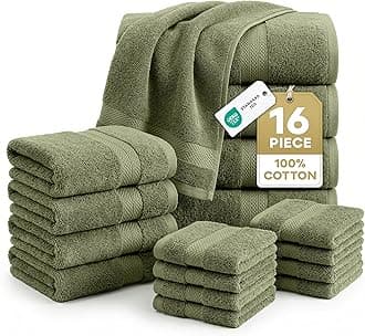Lane Linen 100% Cotton Luxury Bath Towel Set - 16 Pieces - Ring Spun, Super Soft & Highly Absorbent - 4 Bath, 8 Washcloths, 4 Hand Towels for Bathroom - Minimal Lint & Fading, Pre Shrunk - Olive Green