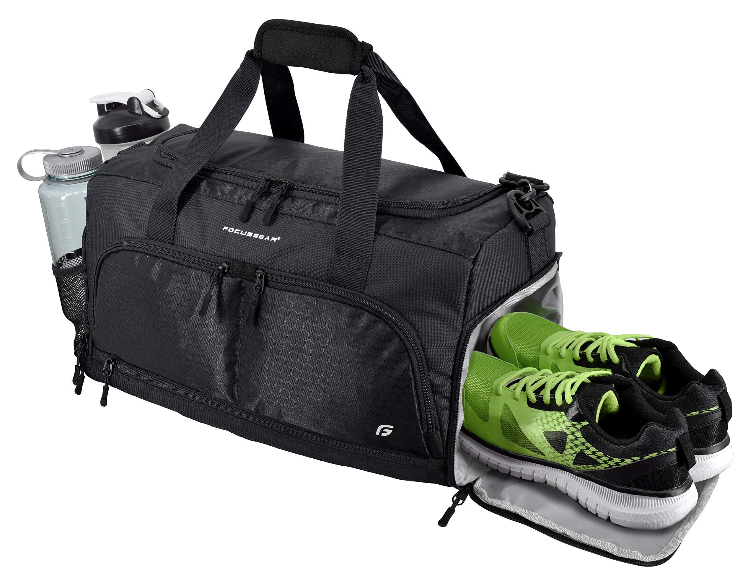 FocusGear Ultimate Gym Bag 2.0: Durable Crowdsource Designed Duffel Bag with 10 Optimal Compartments, Water Resistant Pouch, Green, 11.5"H x 10.5"W x 20"L
