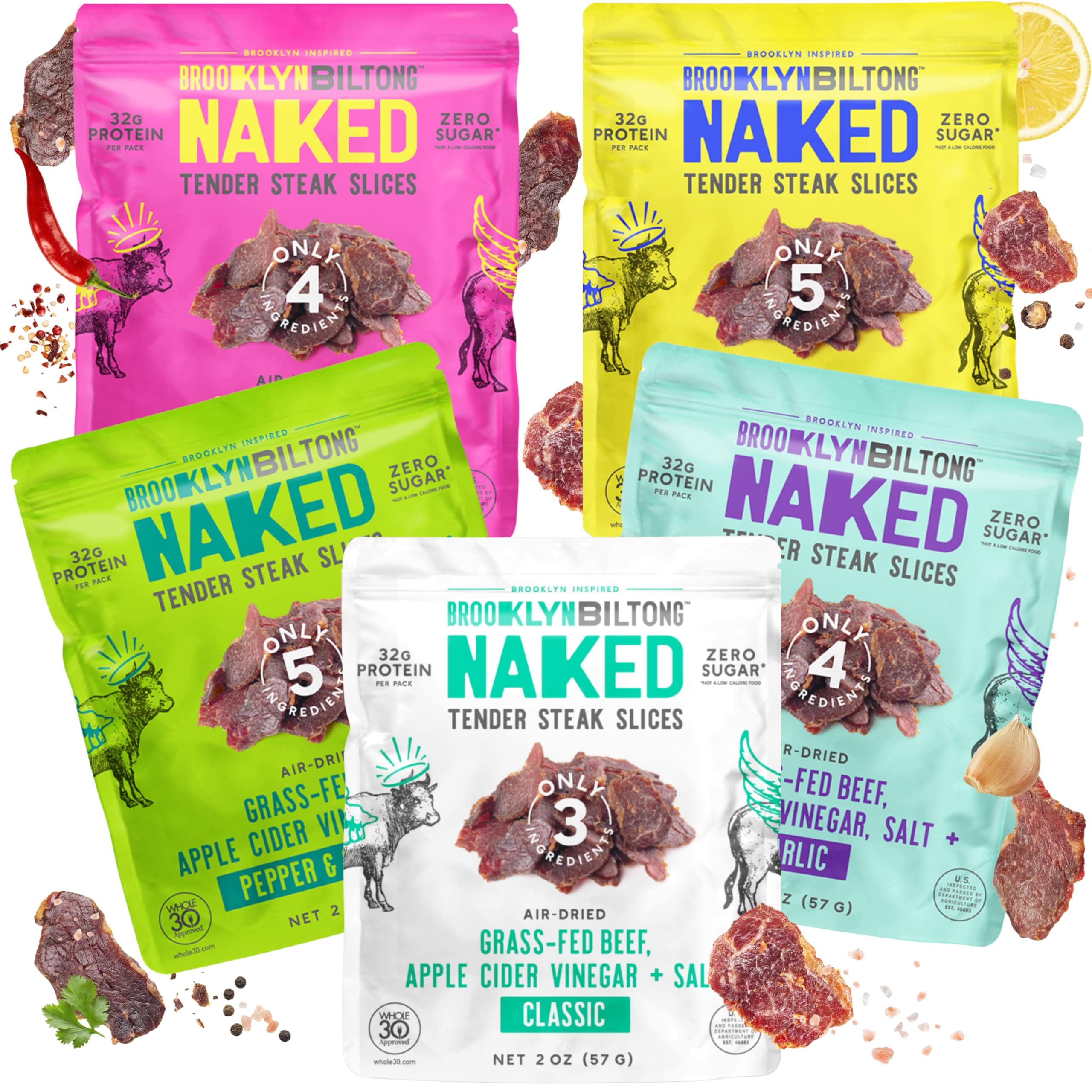 Brooklyn Biltong Beef Jerky Snack - Grass Fed, Whole30, Zero Sugar, Paleo Friendly with No Artificial Ingredients, 32g of Protein per package, No Sugar Everyday Snack