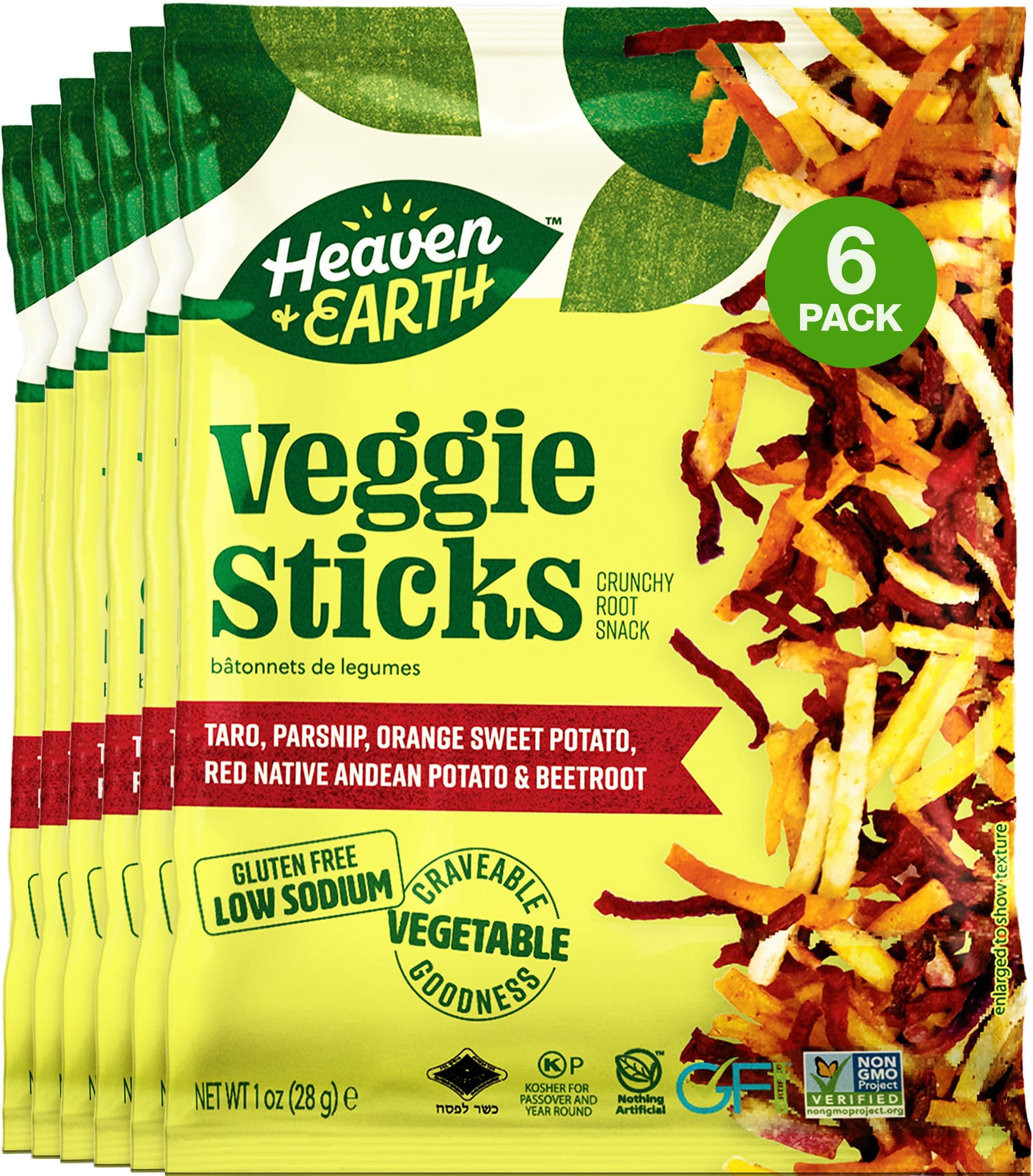 Heaven & Earth Root Veggie Sticks, 1oz (6 Pack) | Thin Stix | Perfect Snack & Salad Topper | Gluten Free | All Natural | Non GMO | Certified Kosher