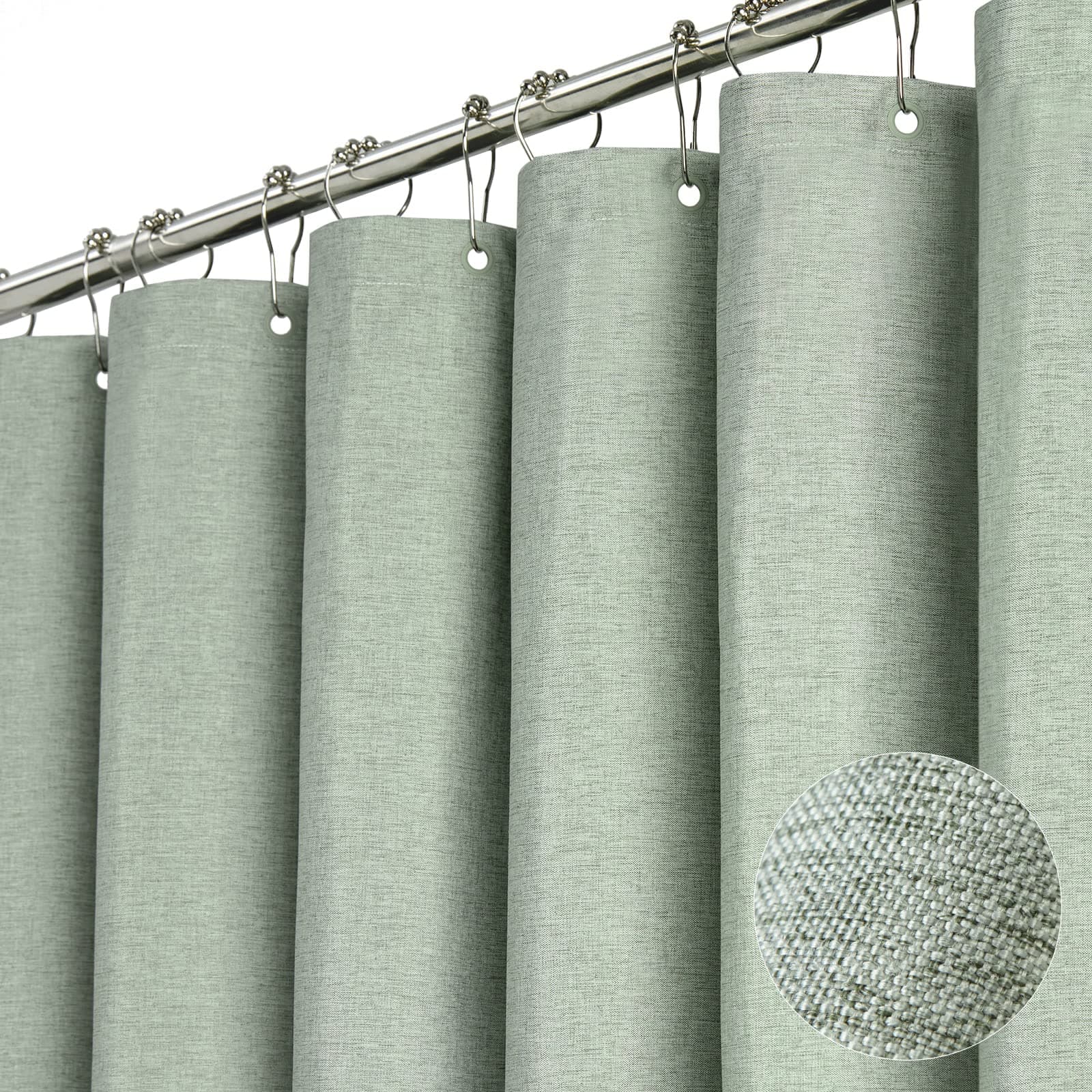 BTTN Fabric Shower Curtain, Linen Textured Heavy Duty Polyester Cloth Shower Curtain Set with Plastic Hooks, Sage Green, 36x72