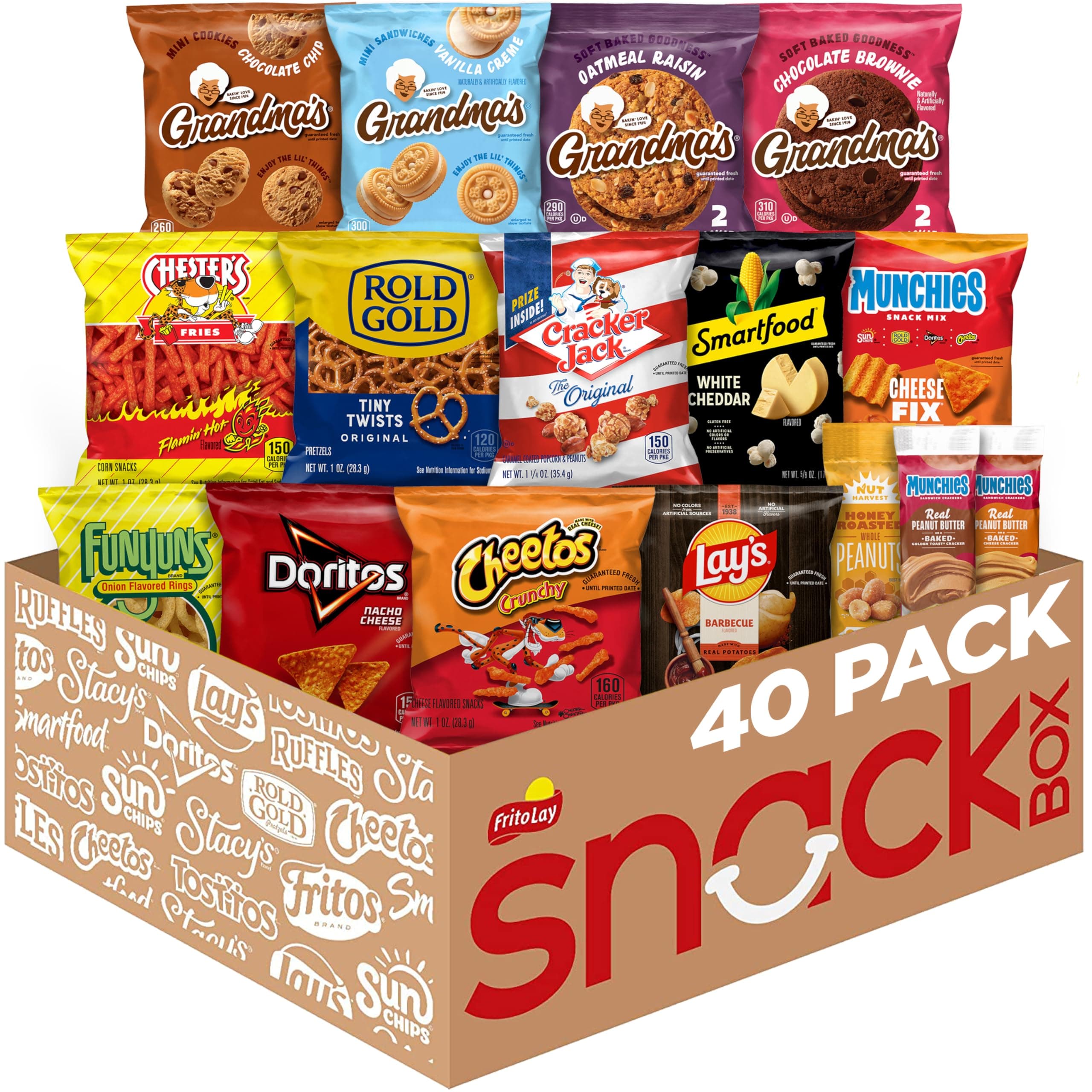 - Frito-Lay Ultimate Snack Care Package, Variety Assortment of Chips, Cookies, Crackers & More, 3.39 Pounds, (Pack of 40)