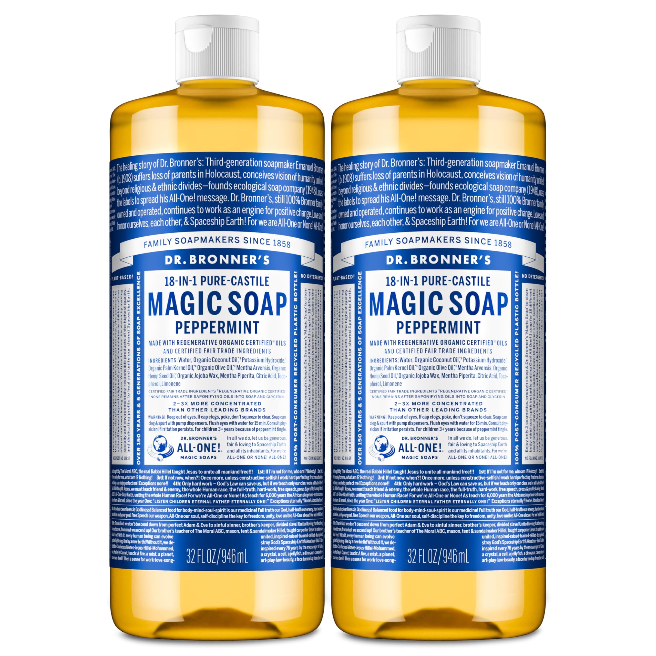 Dr. Bronner's Magic Soaps Pure-Castile Soap, 18-in-1 Hemp Peppermint, 32-Ounce Bottles (Pack of 2)