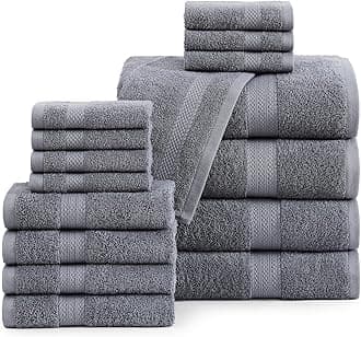 LANE LINEN 100% Cotton Luxury Bath Towel Set - 16 Pieces - Ring Spun, Super Soft & Highly Absorbent - 4 Bath, 8 Washcloths, 4 Hand Towels for Bathroom - Holds Well After Multiple Washes - Cool Grey
