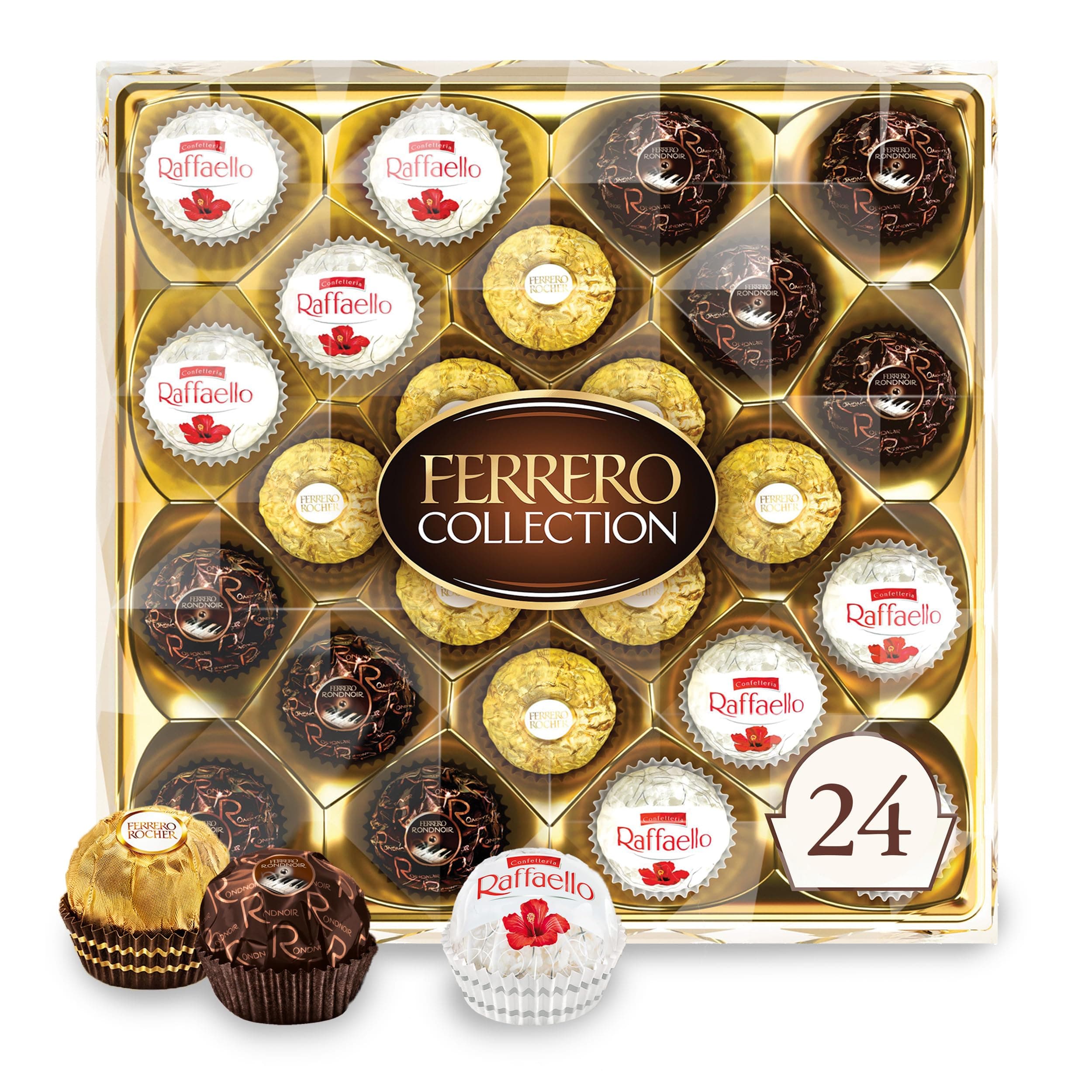 Ferrero Rocher Fine Hazelnut Milk Chocolates, 24 Count, Assorted Coconut Candy and Chocolate Gift Box, 9.1 oz
