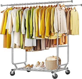 Raybee Clothes Rack Load 620 LBS, Metal Garment Storage with Shelf & Sturdy Wheels, Rolling Clothing Rack for Bedroom Laundry Room, Portable Commercial Garment Rack