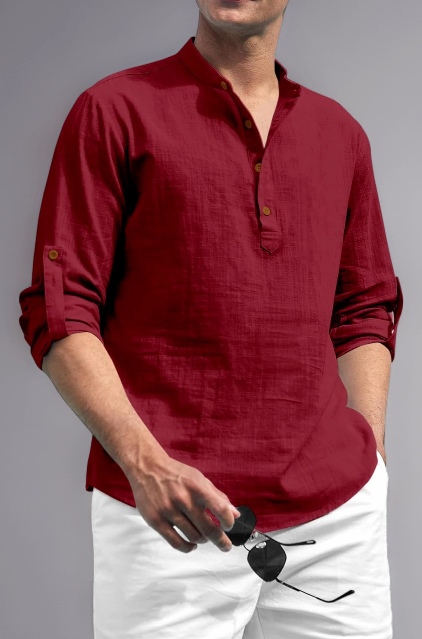 Zombom Cotton Polyester Blend Solid Casual Regular Fit Mandarin/Chinese Collor Short Kurta for Men