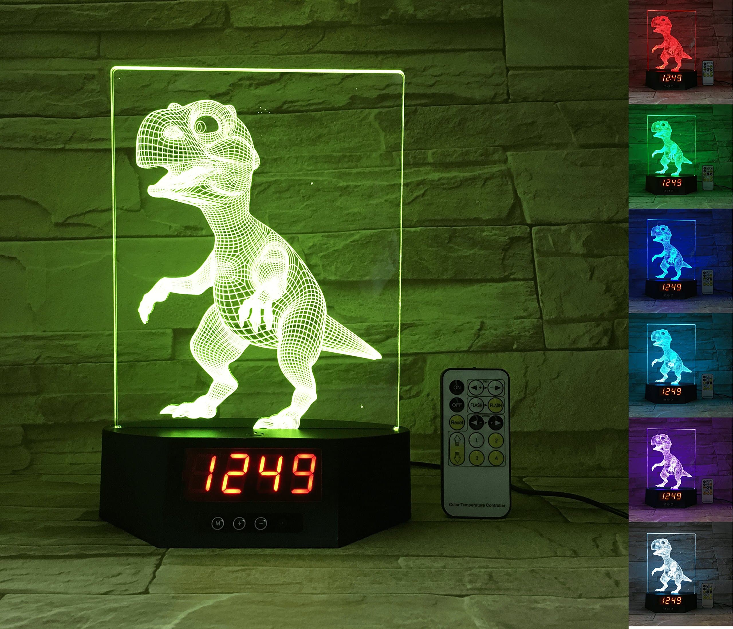 ATOMFIT Dinosaur + Dragon 3D LED Night Light for Home, Table or Desk Lamp, Optical Illusion with 7 Color Switching - Clock, Temperature, Nursery Bedroom Boys Girls Kids Baby Toddler Adults Gift