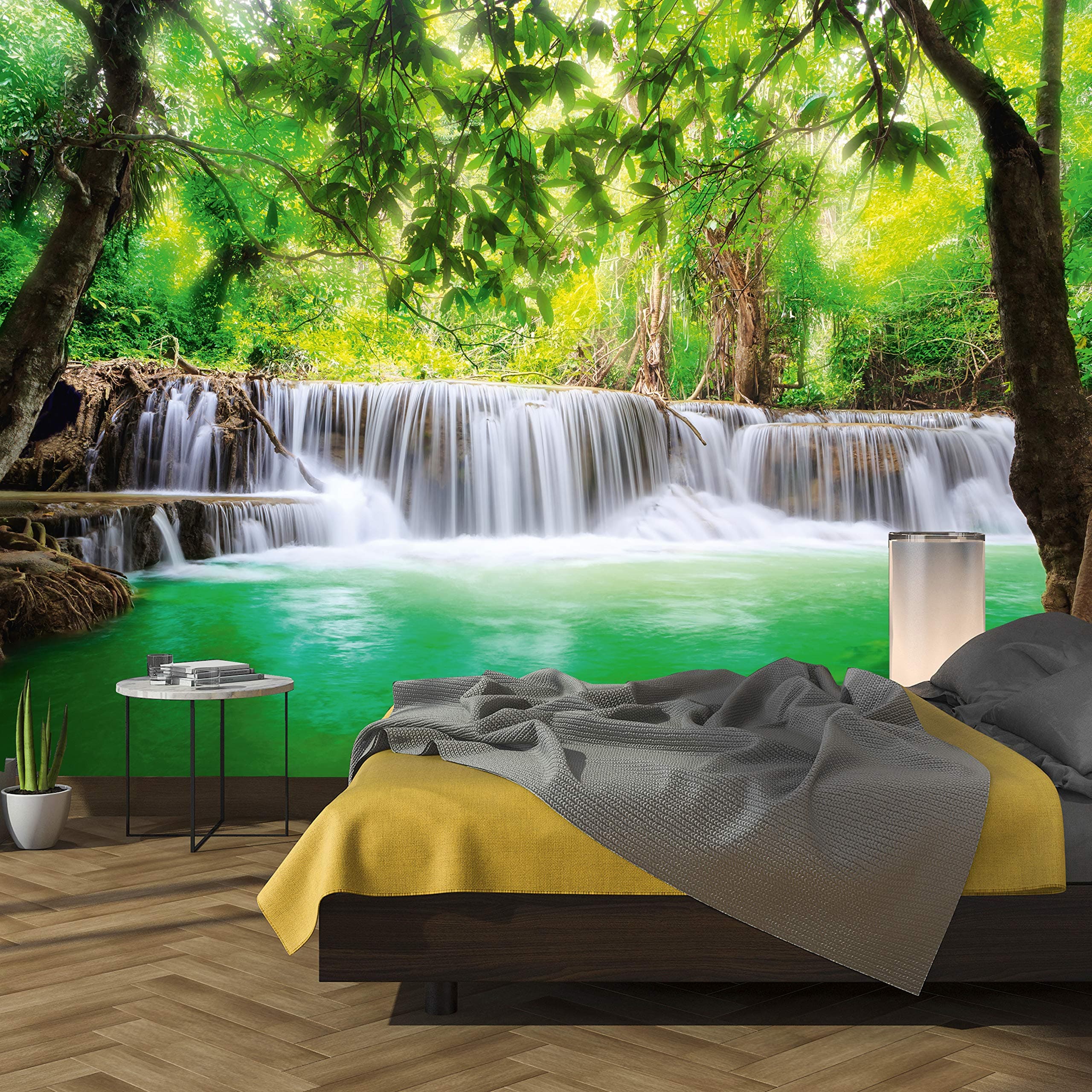 Photo Wallpaper Waterfall 3D 366 x 254 cm Including Paste Wall Mural Jungle River Forest Bamboo Tropical Nature Asia Thailand