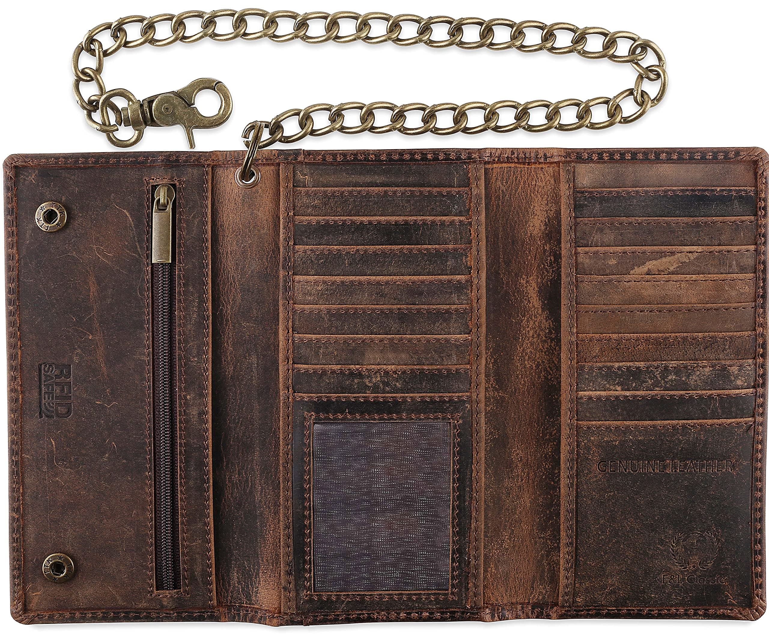 F&L Classic RFID Blocking Mens Tri-fold Long Style Cowhide Leather Biker Steel Chain Wallet,