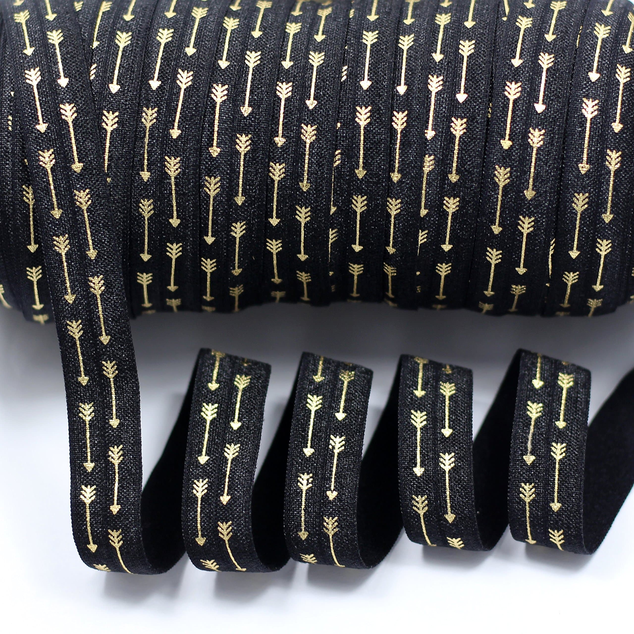 mdribbons 5/8" 50 Yds/Roll (16mm Width 45.72 Meters Length) Gold Arrow Print Stretch Fold Over Elastic Ribbon-For Hair Tie Headband Ponytail Holder Making Supplies- Black Color