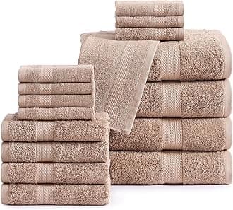 LANE LINEN 100% Mercerized Cotton Bathroom Towel Set - 16 Pieces - Fluffy, Super Soft & Highly Absorbent - 4 Bath Towels, 8 Washcloths, 4 Hand Towels - Ring Spun, Double Sided Cotton Terry - Taupe