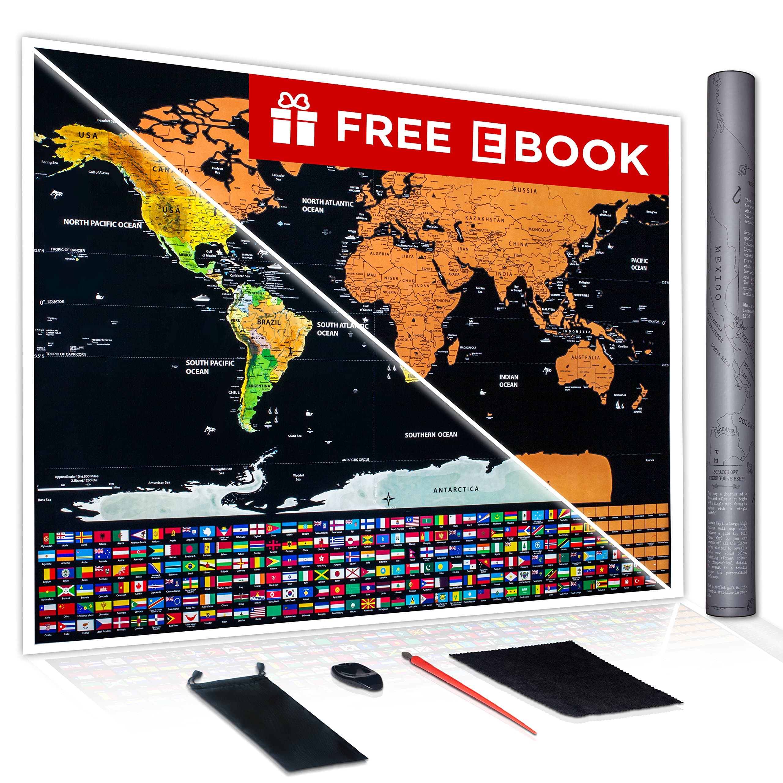 Scratch Off World Map Poster - Travel Map Poster - Large Wall Map Print. Color Detailed Scratch Map. Travel Poster with Scratchable Countries Flags Landmarks. Scratch Off Map of the World Poster